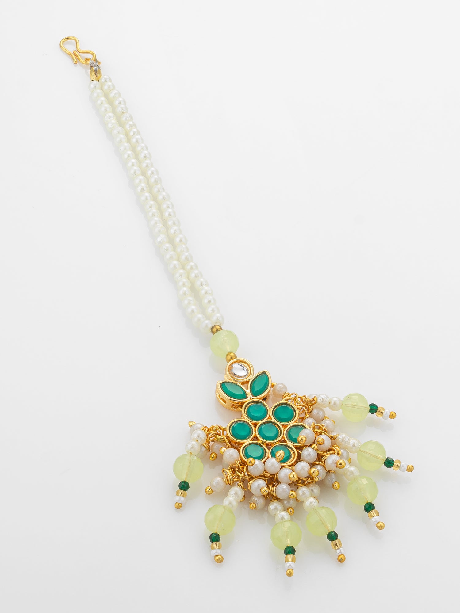 Aadita Gold Plated Teal Kundan Mangtika with Lime Bead Chain and Pearl Fringe – View 2 | Aadita Jewelry