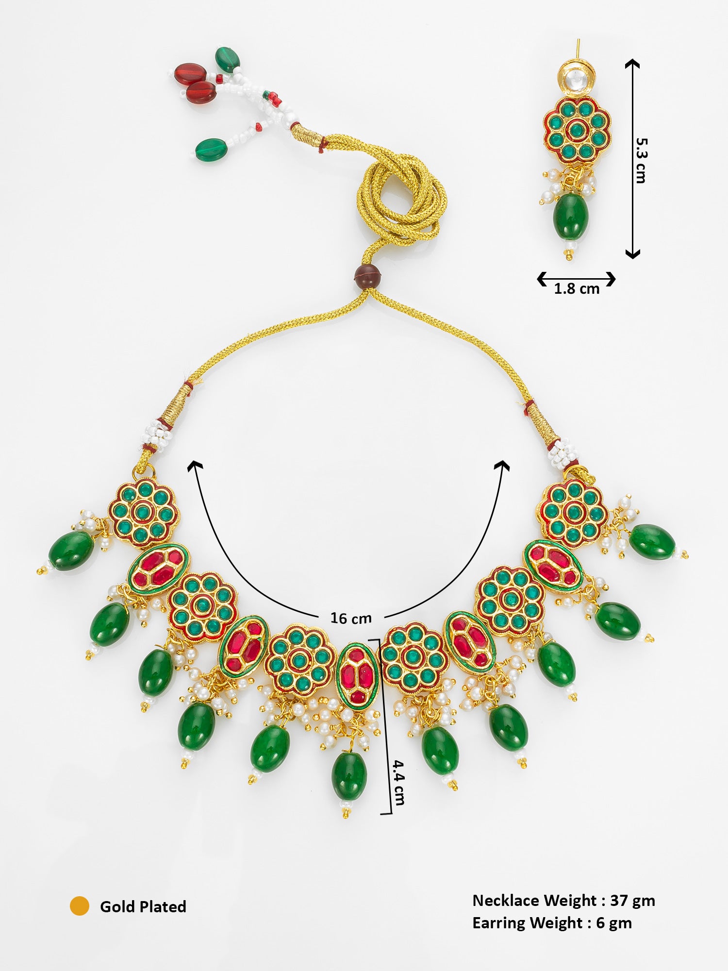 Gold Plated Red & White Kundan Beaded Traditional Necklace Set – View 5 | Aadita Jewelry
