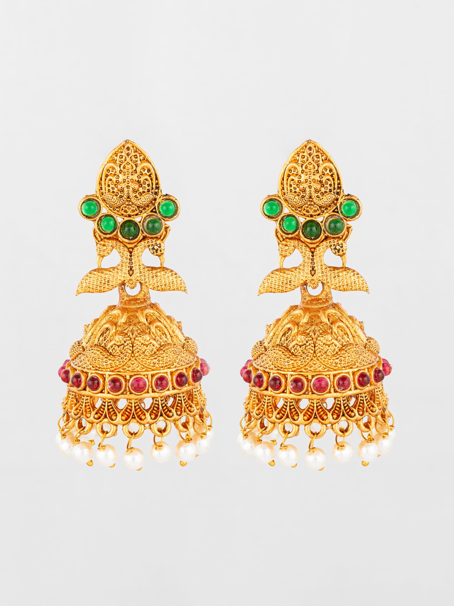 Aadita Traditional Gold Plated Green & Red Stone Jhumka Earrings | Aadita Jewelry