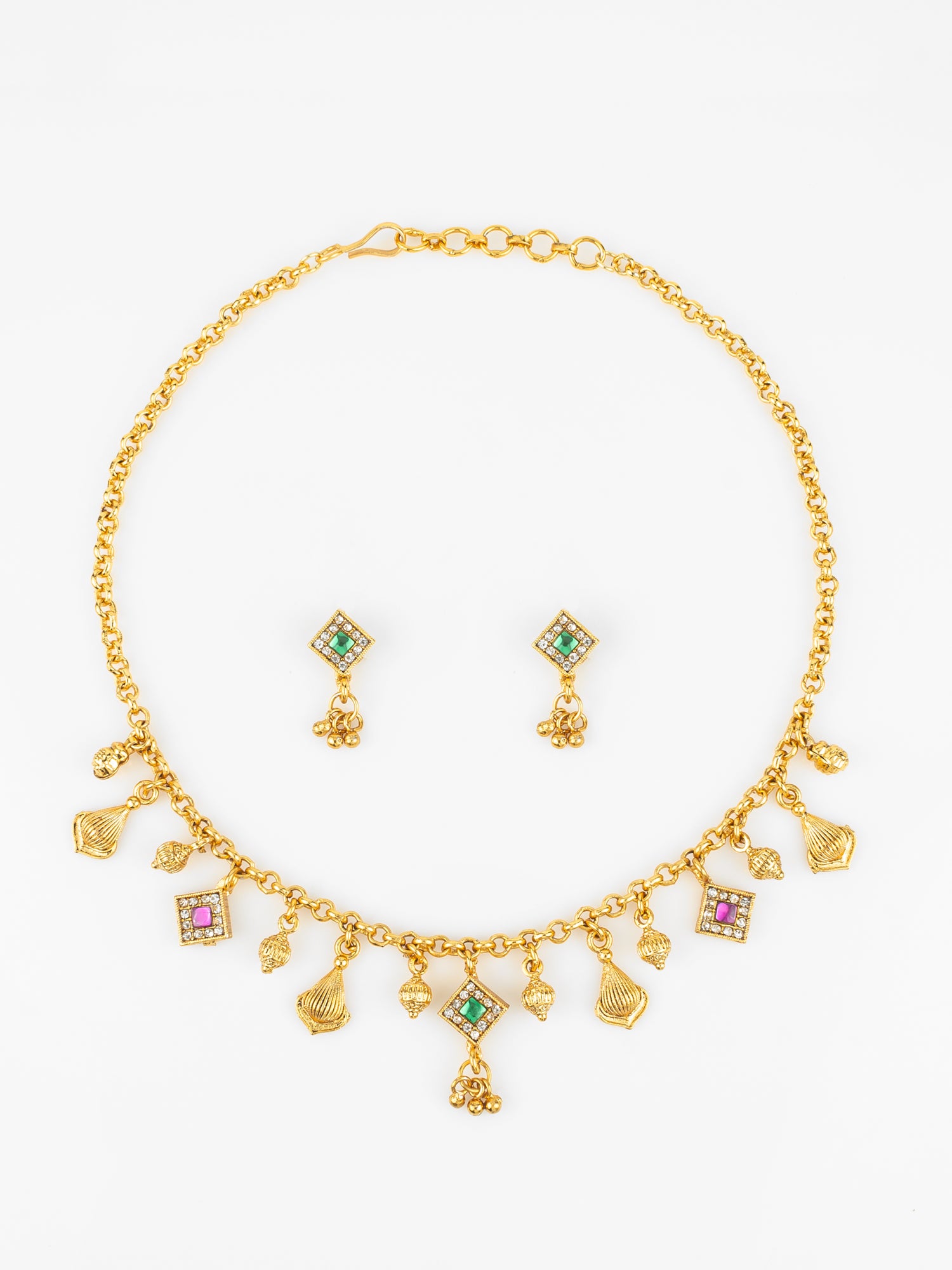 Gold-Plated Square Stone Necklace Set for Women | Green & Pink Traditional Pendant Jewellery with Earrings | Festive & Bridal Wear | Aadita Jewelry