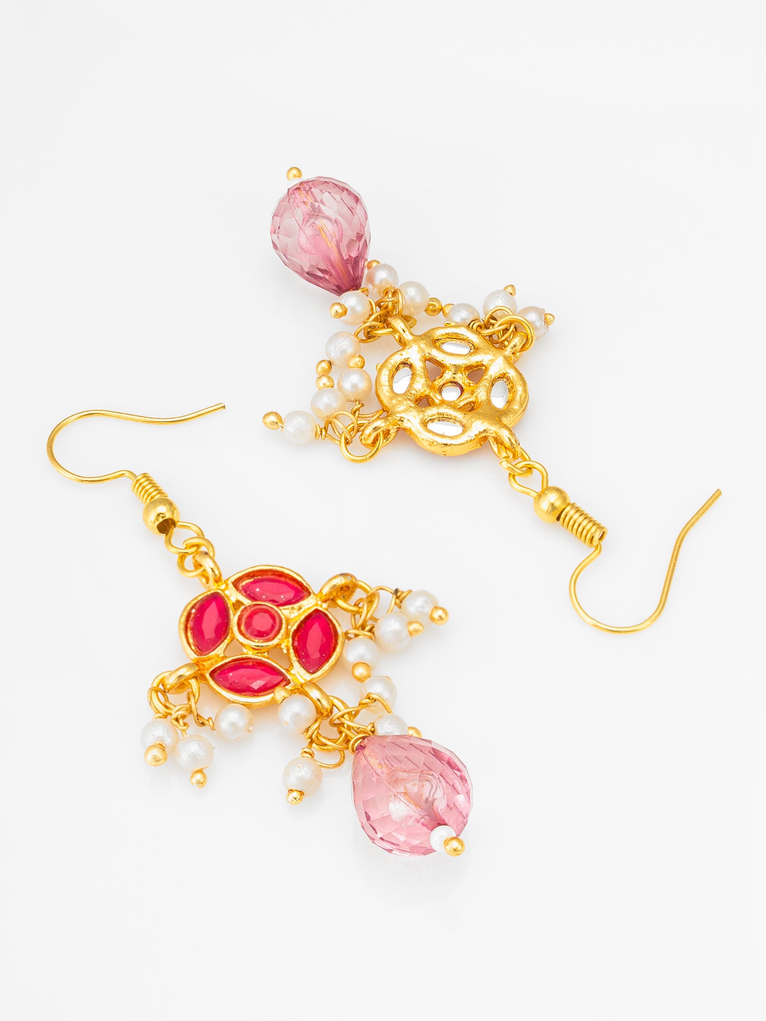 Gold-Toned Floral Earrings with Pearl Dangles and Pink Crystal Drop – View 2 | Aadita Jewelry
