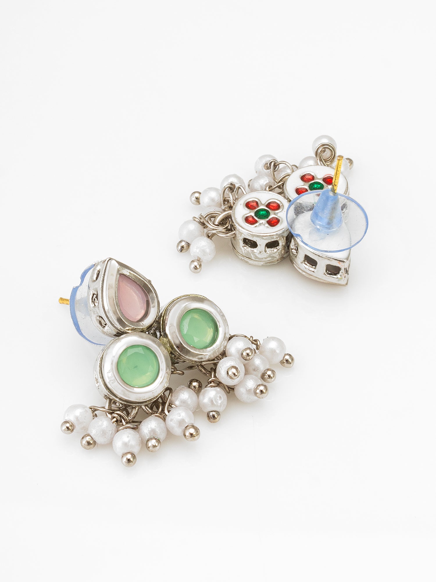 Silver Plated Stud Earrings with Pearl Drops – View 2 | Aadita Jewelry