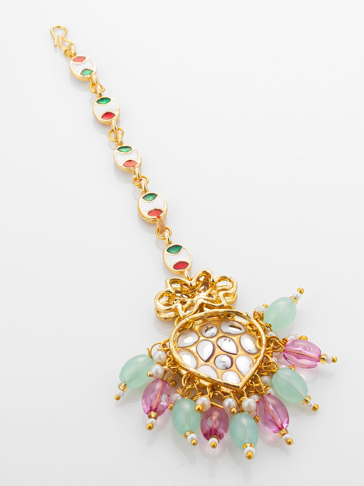 Aadita Gold Plated Mixed Oval Stone Chain Mangtika with Kundan Heart Pendant and Pastel Bead Fringe – View 4 | Aadita Jewelry