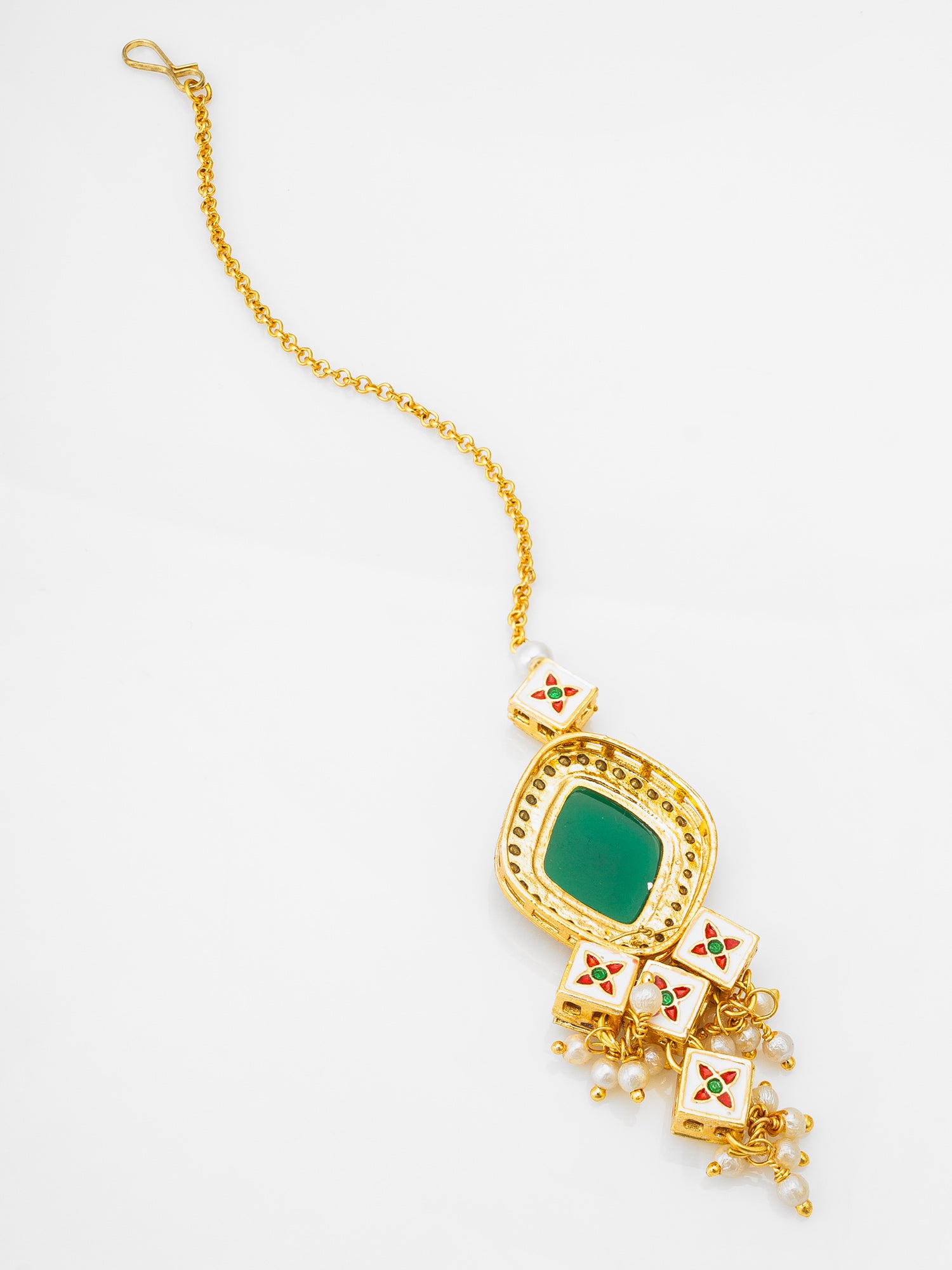 Gold-Plated Emerald Green Kundan Maang Tikka with Crystal and Pearl Drops – View 2 | Aadita Jewelry