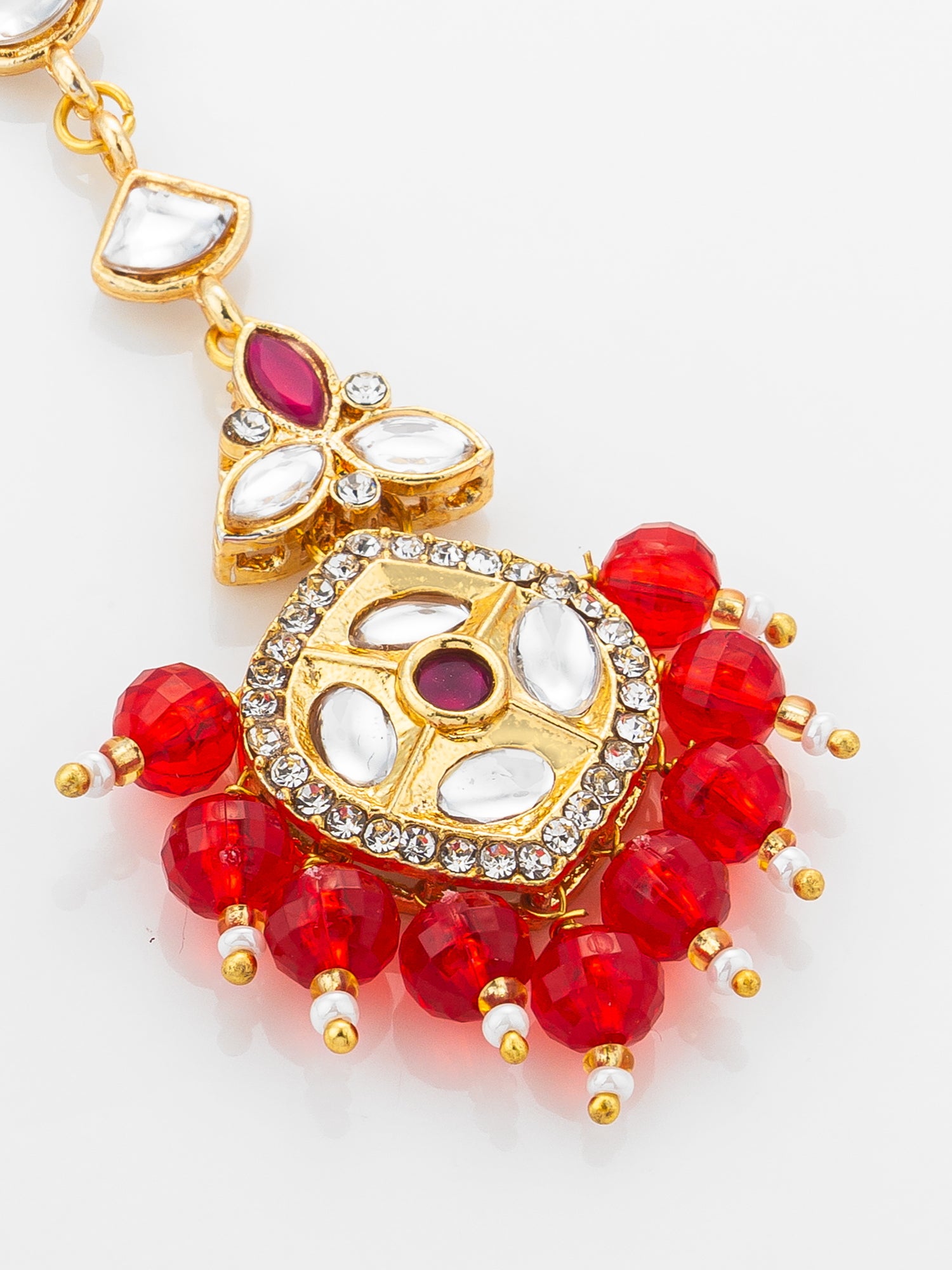 Aadita Gold Plated Half-Moon Kundan Chain Mangtika with Hexagonal Pendant and Red Bead Fringe – View 3 | Aadita Jewelry