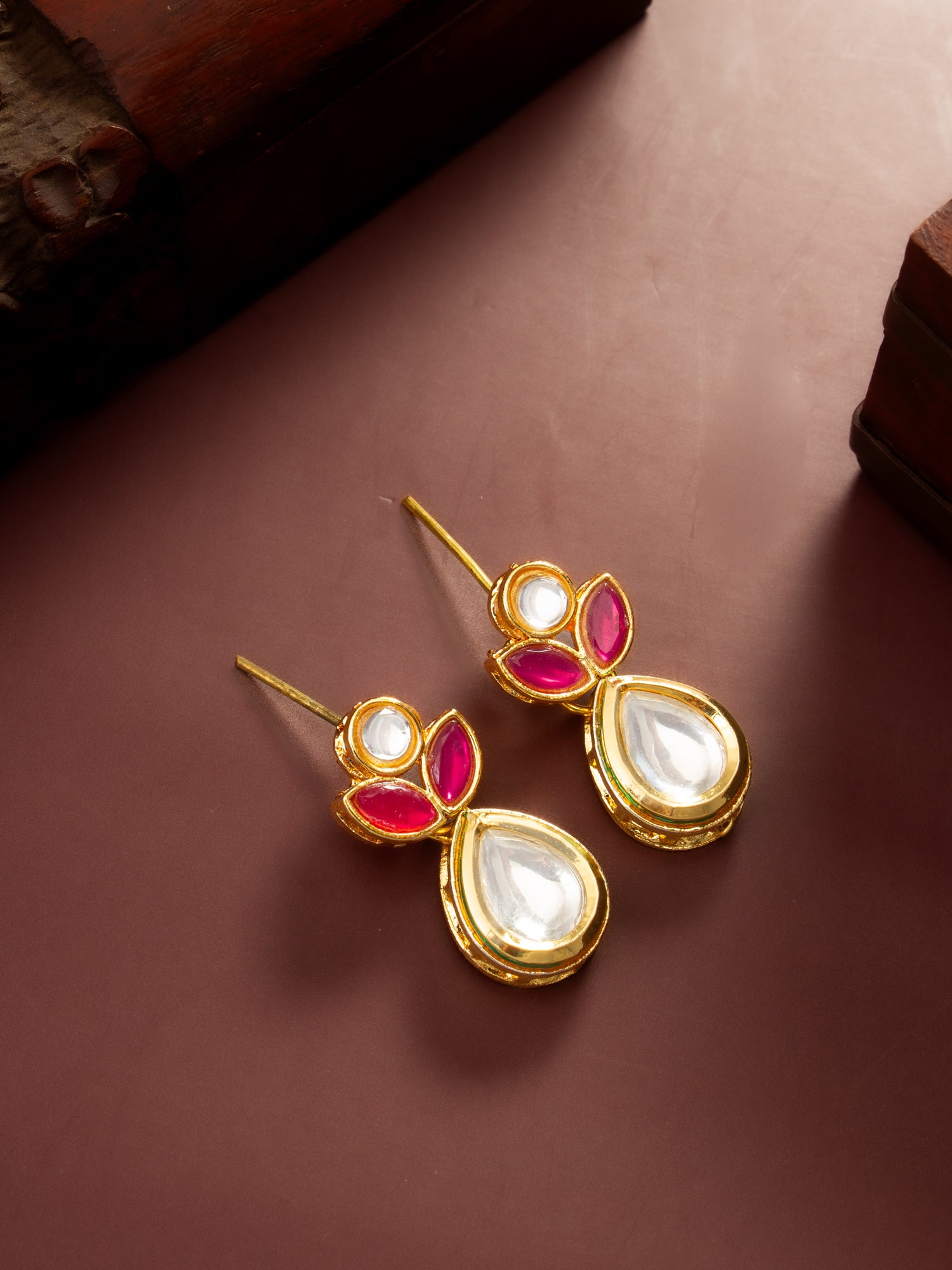 Gold Plated Floral Motif Ruby and White Stone Drop Earrings – View 5 | Aadita Jewelry