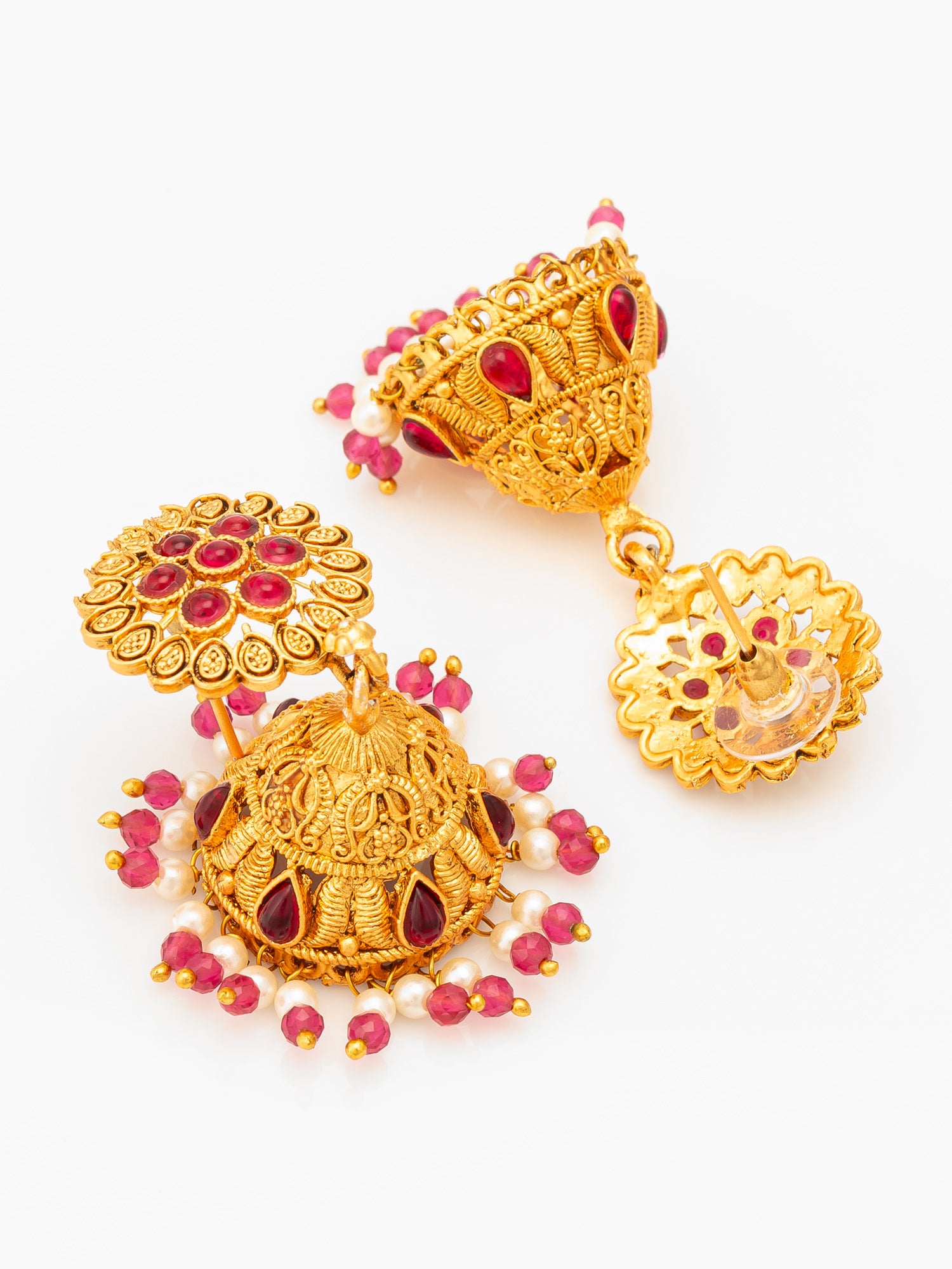 Aadita Floral Motif Gold Plated Pink Stone Jhumka Earrings – View 3 | Aadita Jewelry
