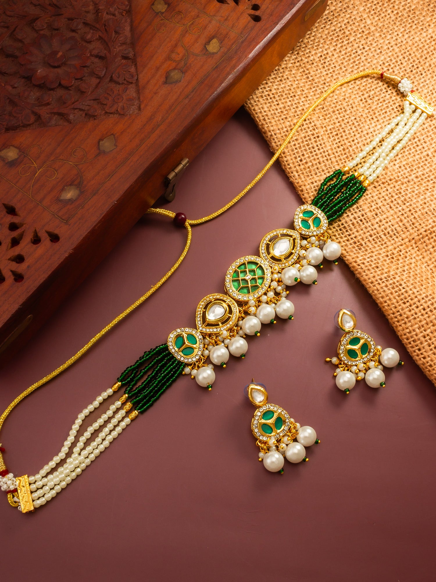 Green Bead Stranded Kundan Gold Plated Choker Necklace Set – View 5 | Aadita Jewelry