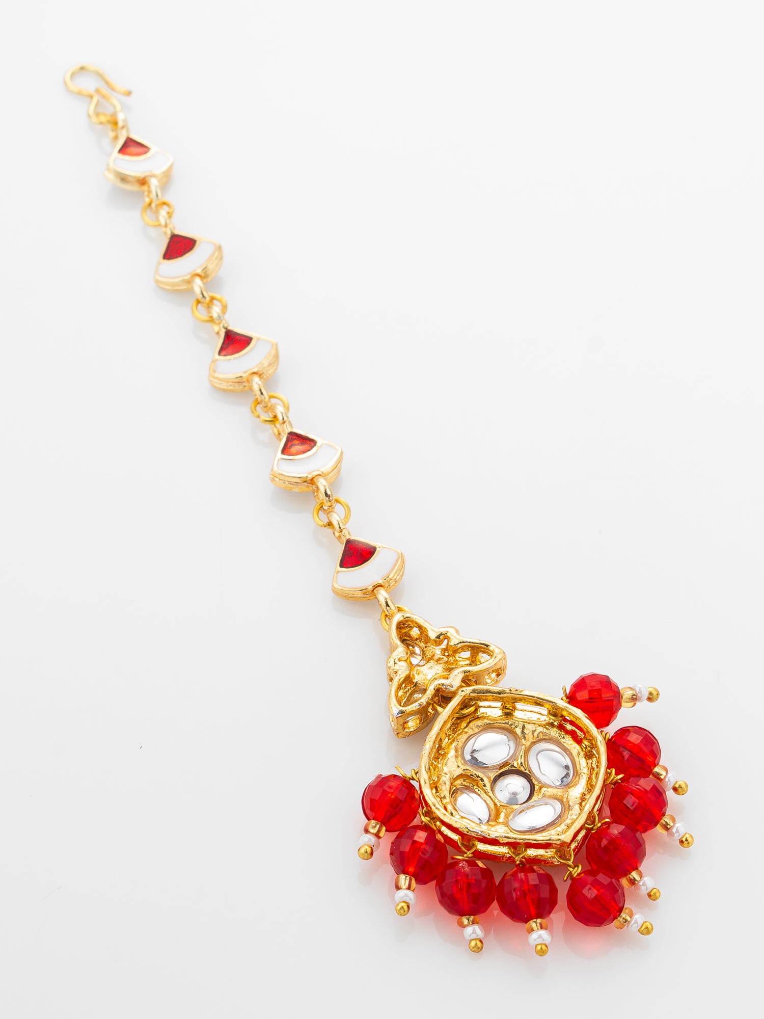 Aadita Gold Plated Half-Moon Kundan Chain Mangtika with Hexagonal Pendant and Red Bead Fringe – View 4 | Aadita Jewelry