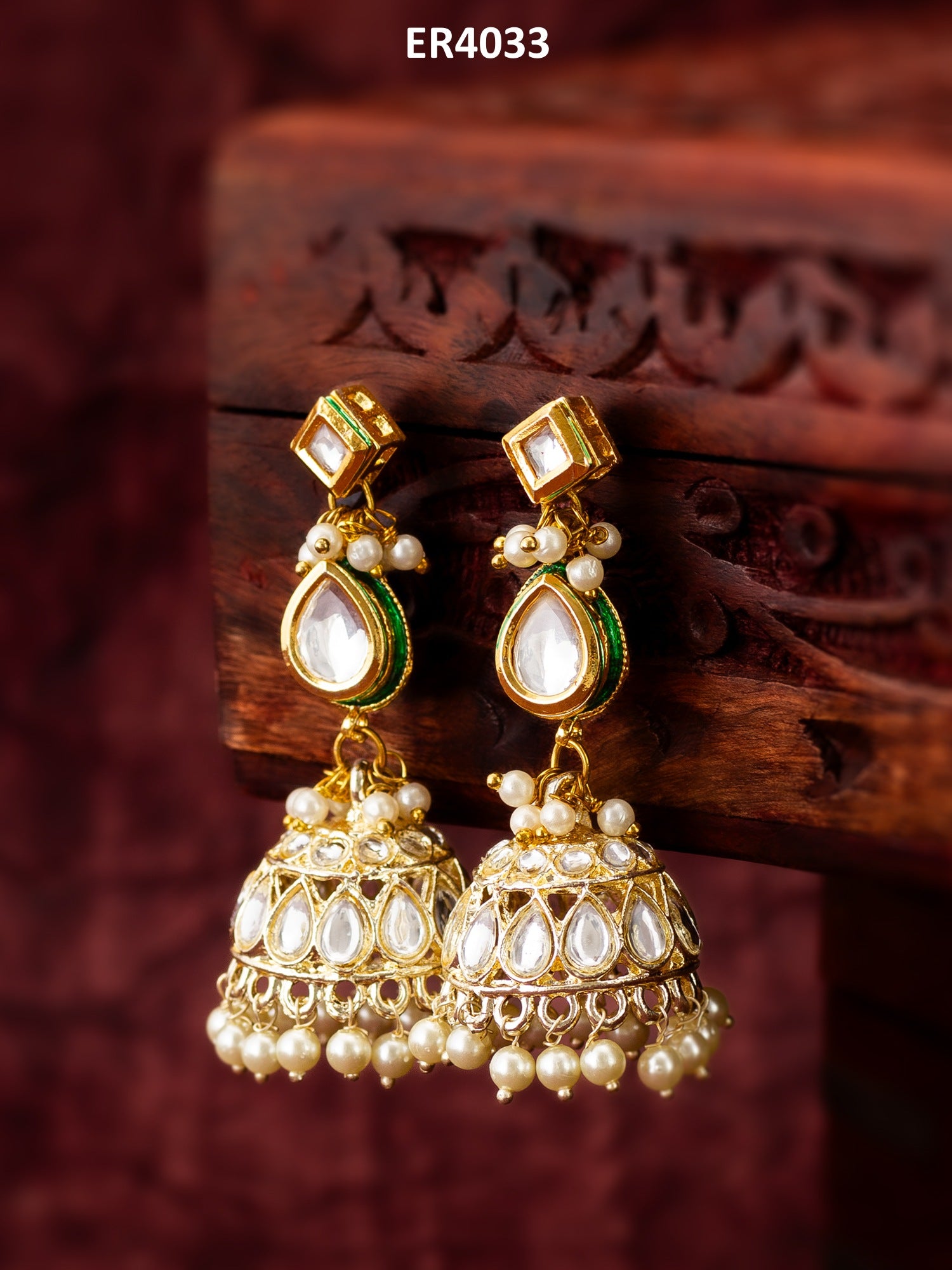 Gold Kundan Jhumka Earrings with Kundan and Pearl – View 5 | Aadita Jewelry
