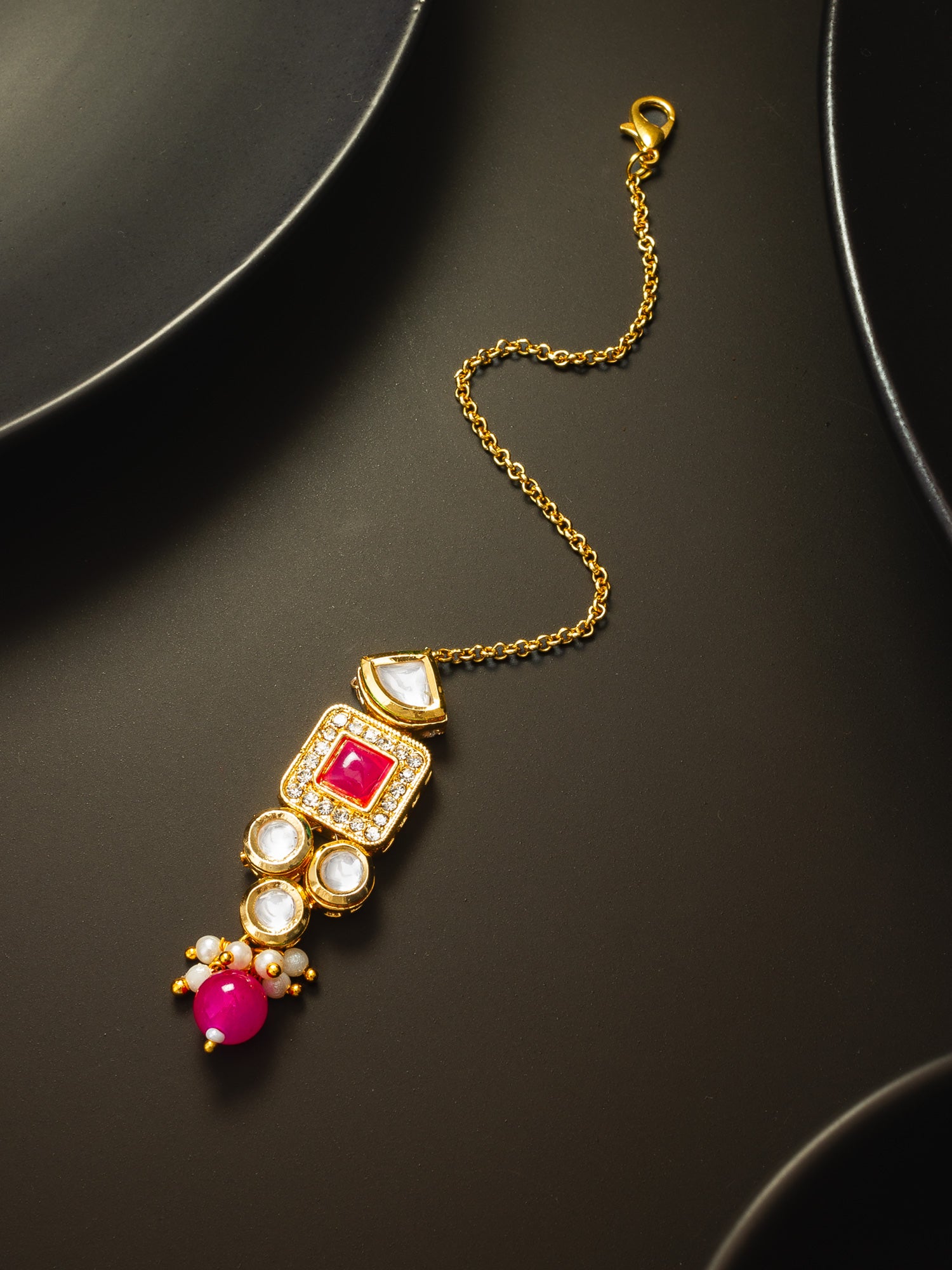 Gold-Plated Kundan Maang Tikka with Pink Stone and AD – View 5 | Aadita Jewelry