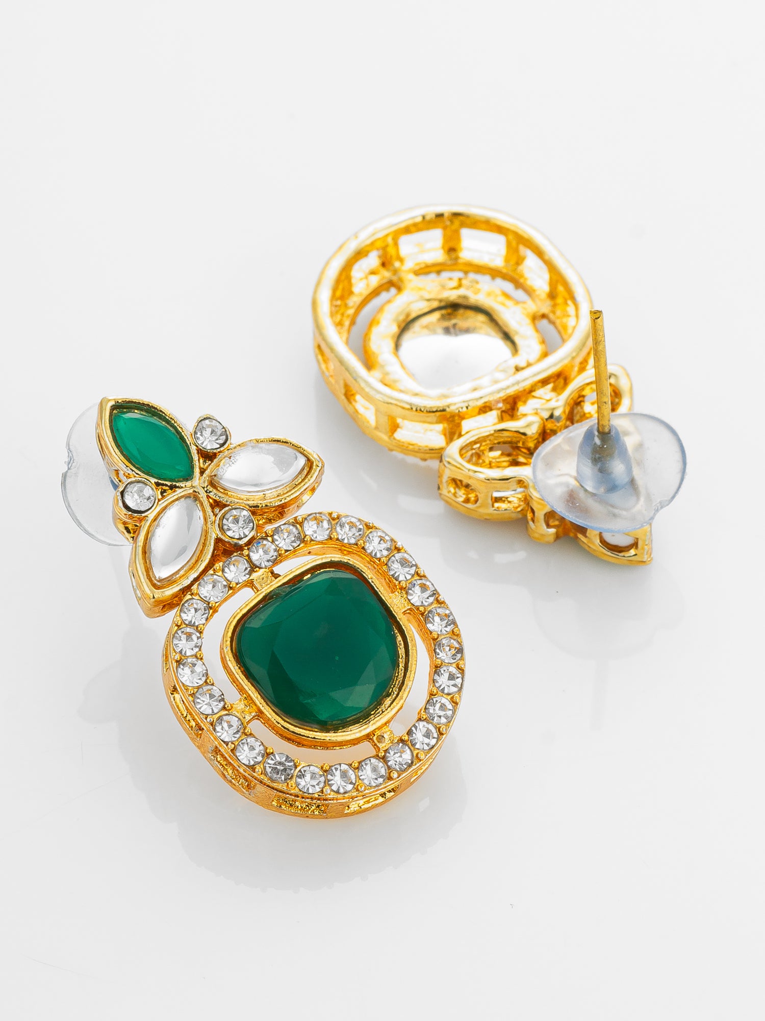Gold Plated Green Stone and AD Studded Traditional Drop Earrings – View 3 | Aadita Jewelry