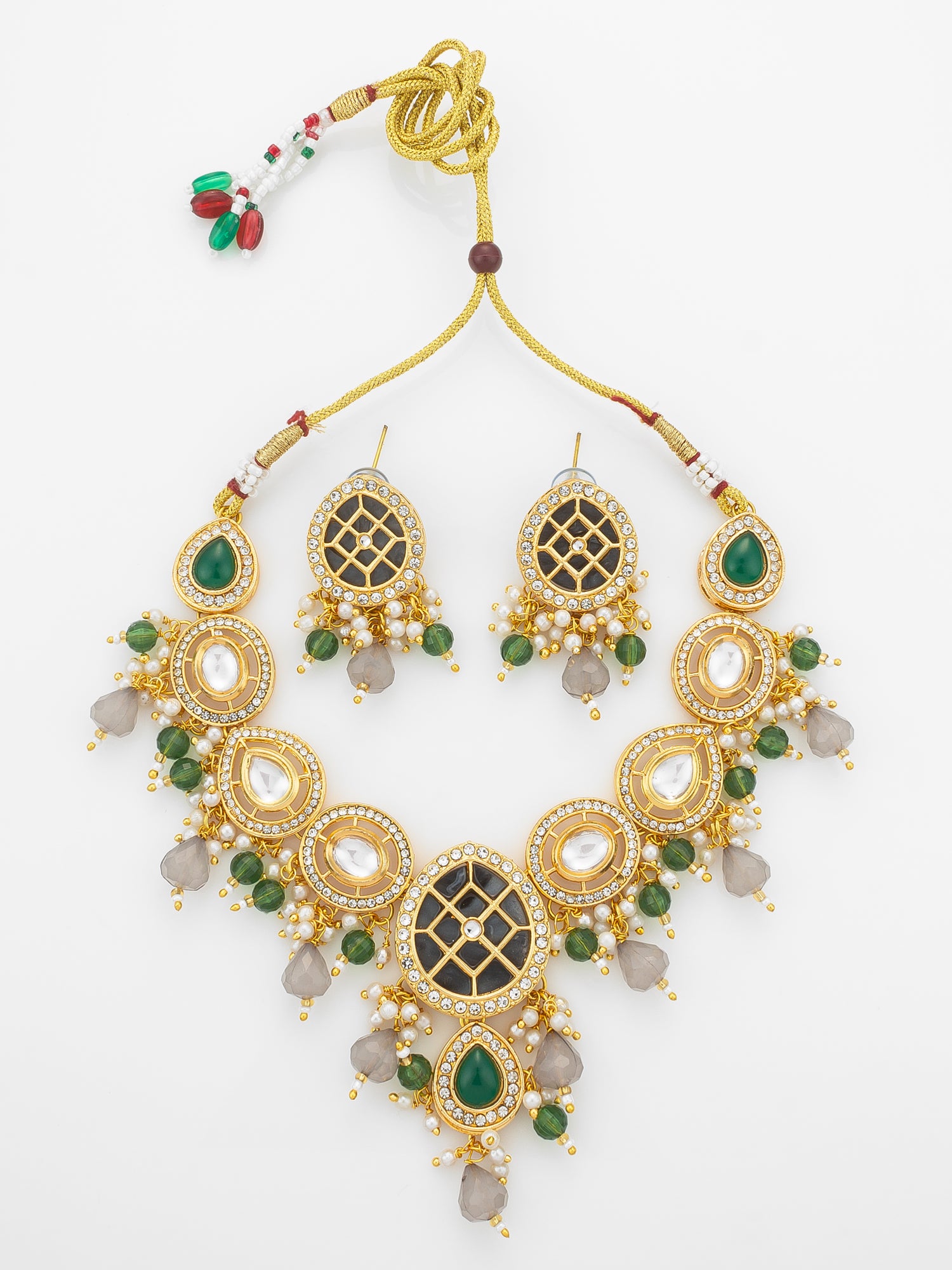 Aadita Green & Grey Necklace Set with Lattice Pendant and Drop Earrings | Aadita Jewelry