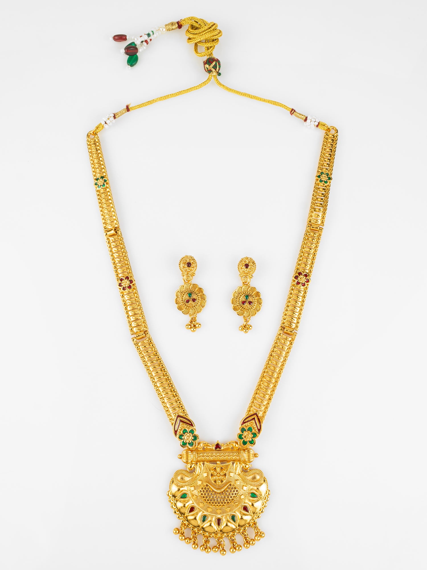 Gold Plated Traditional South Indian Long Necklace Set with Kemp Stones for Women | Aadita Jewelry