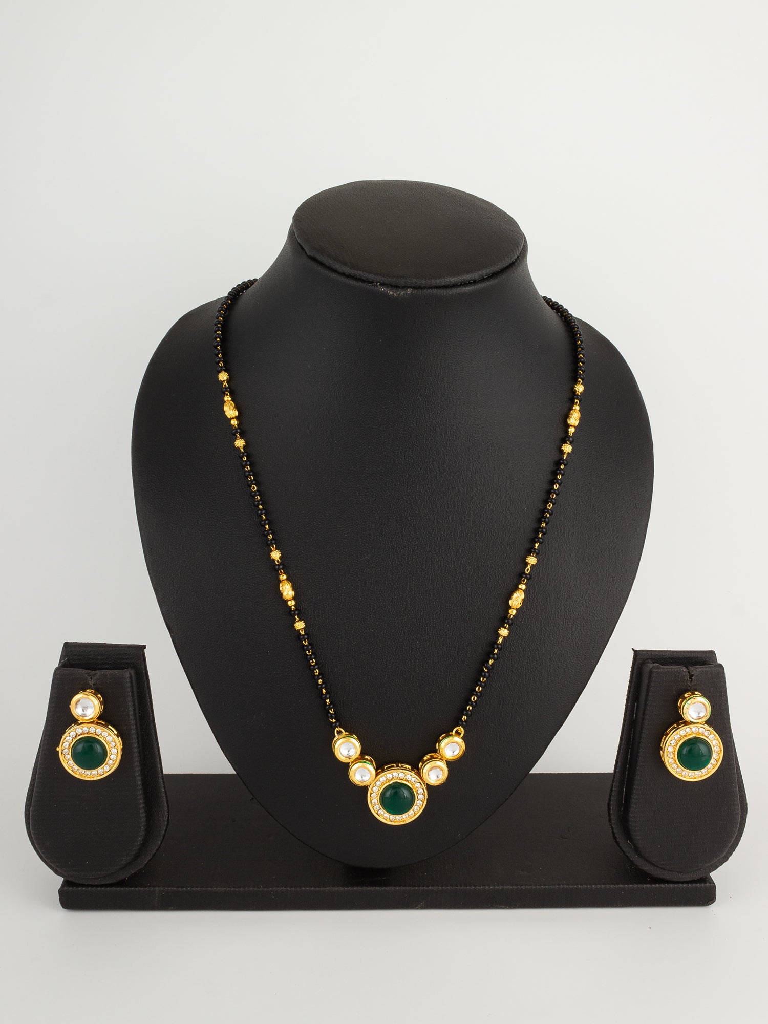 Kundan Mangalsutra Set with Green Stone Circular Pendant and Crystal Earrings – View 5 | Aadita Jewelry