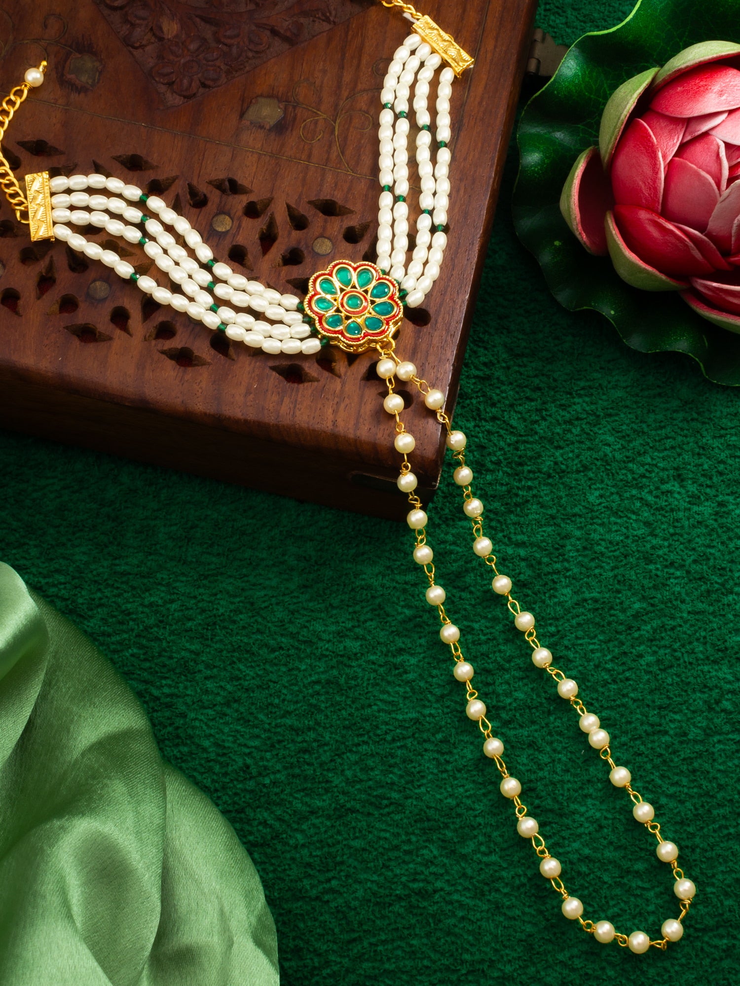 Adita Gold Plated Green Kundan & Pearl Haathphool Bracelet "“ Traditional Hand Harness Jewelry for Women & Brides – View 5 | Aadita Jewelry