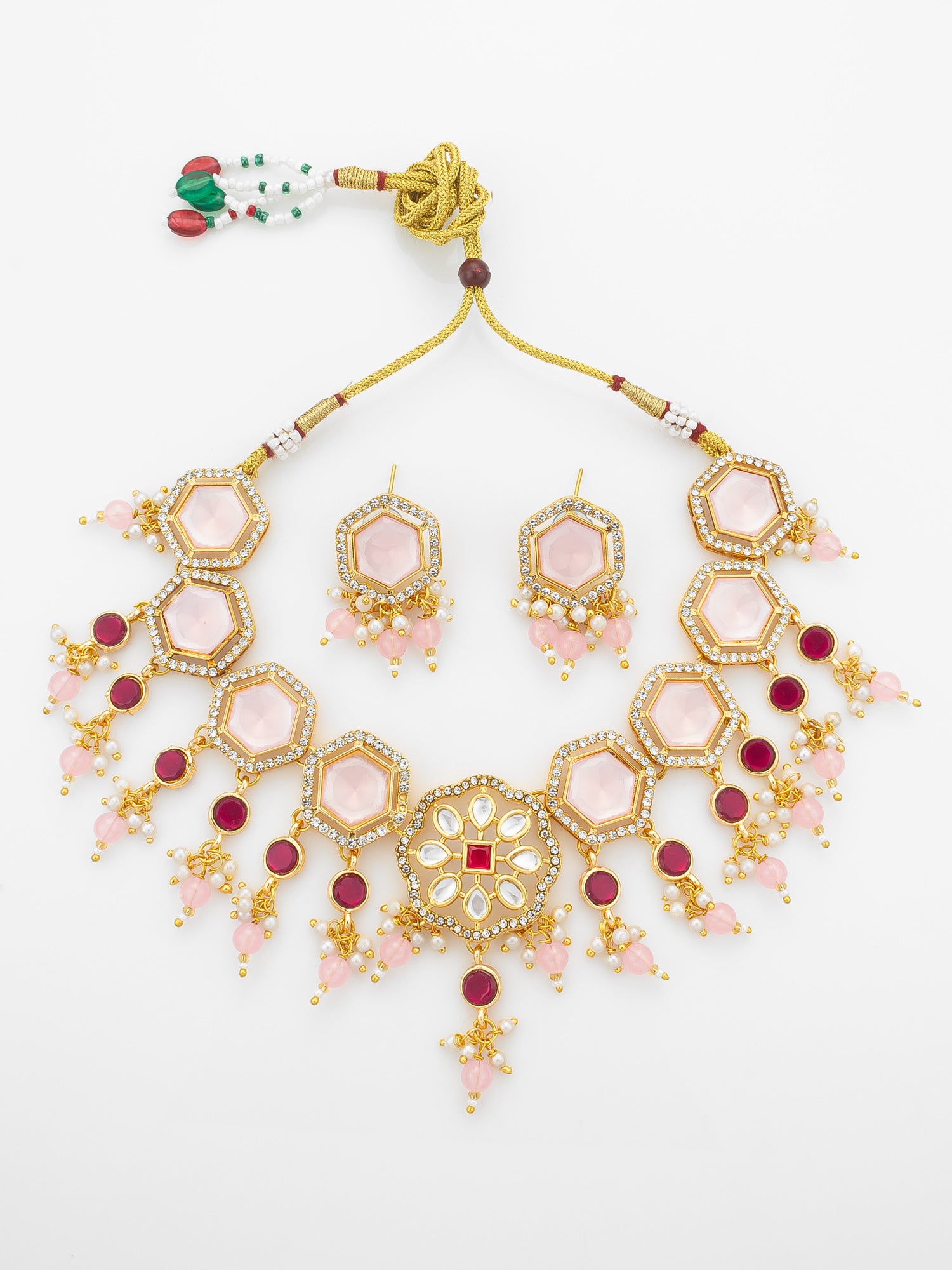 Aadita Gold Plated Kundan Necklace Set with Pink Stones end Earrings | Aadita Jewelry
