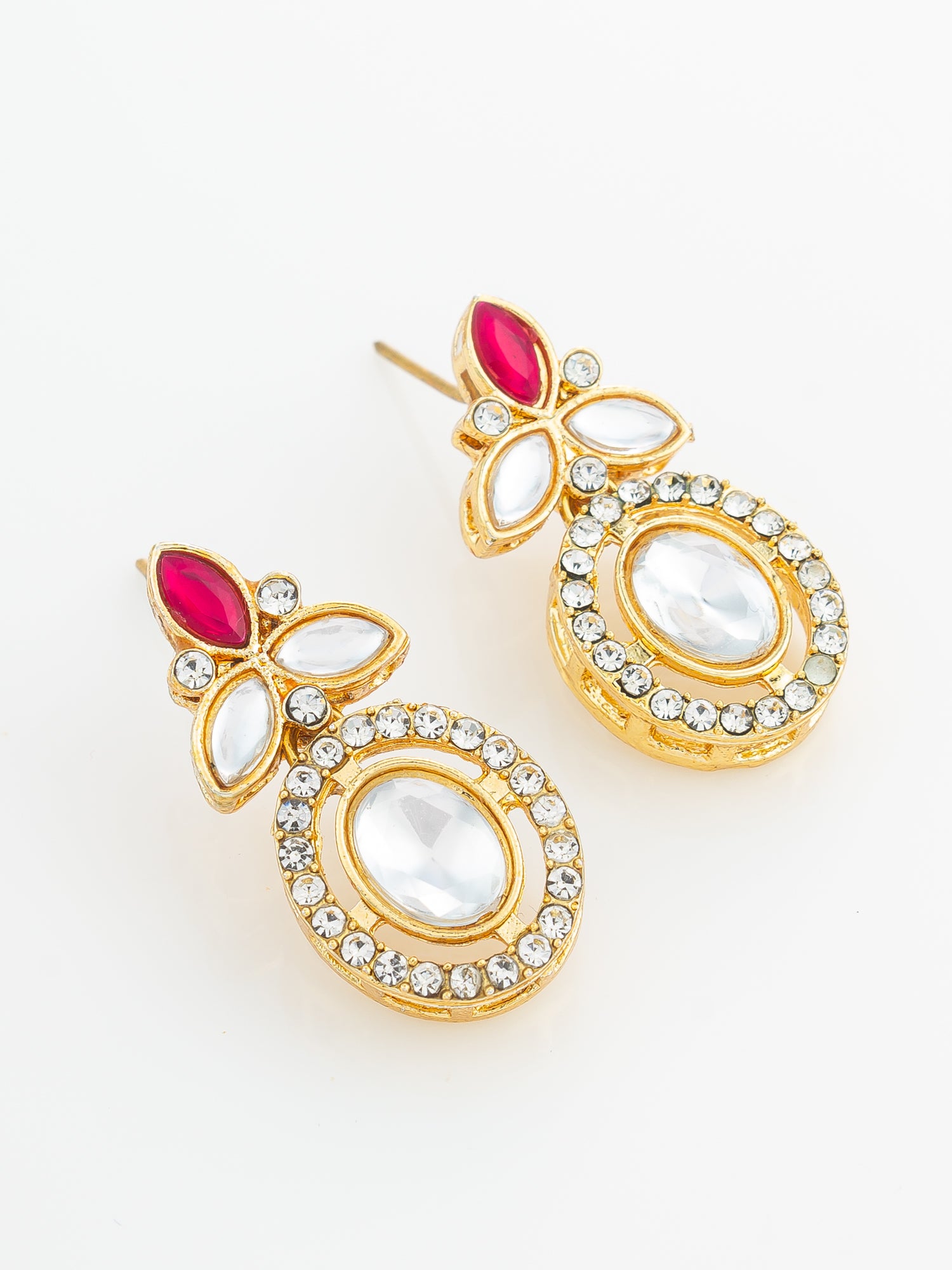 Gold Plated Oval Halo Drop Earrings with Red Accent – View 2 | Aadita Jewelry