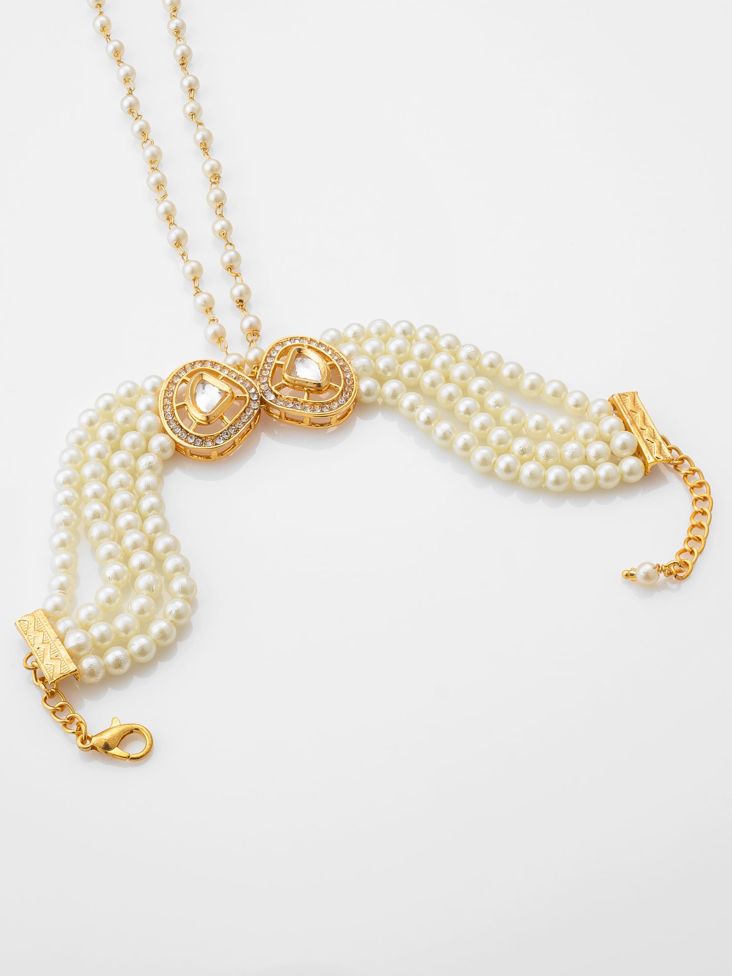 Gold Plated Kundan & Pearl Haathphool Bracelet "“ Dual Teardrop Hand Harness Jewelry for Women & Brides – View 2 | Aadita Jewelry