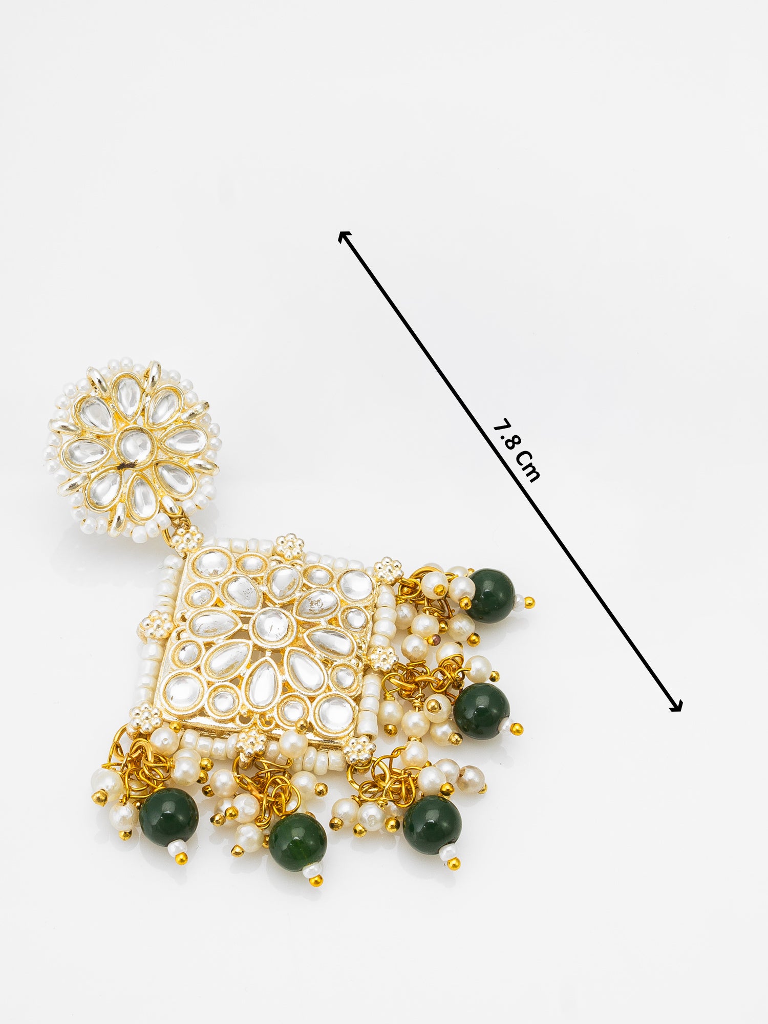 Kundan Square Pendant Earrings with Emerald Green Beads and Pearl Drops – View 3 | Aadita Jewelry
