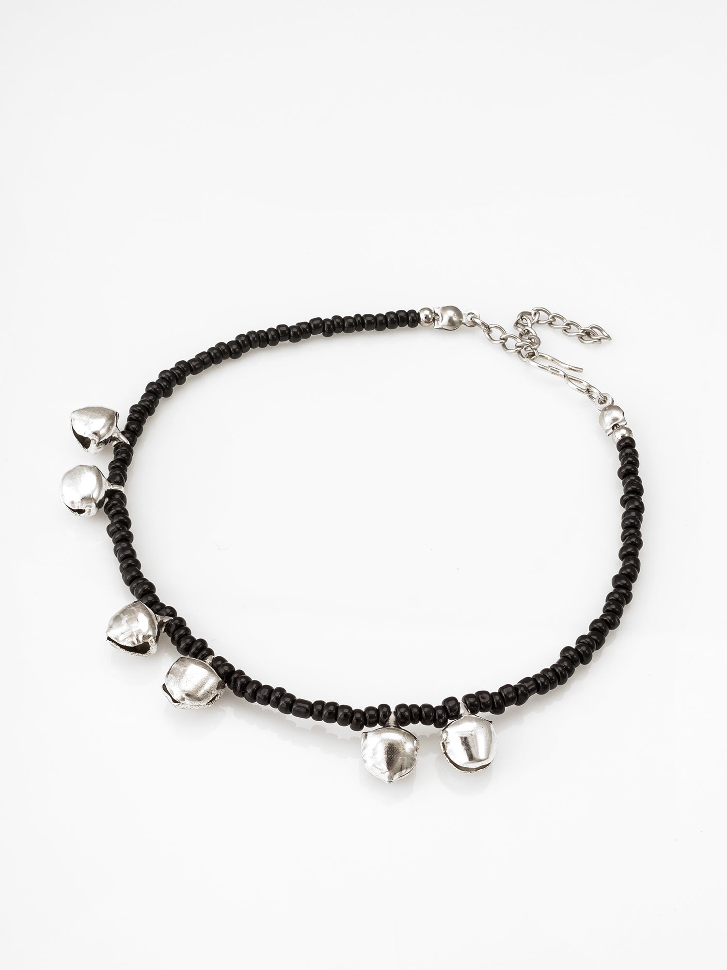 Black Seed Bead Anklet with Silver-Tone Ghungroo Bell Charms | Aadita Jewelry