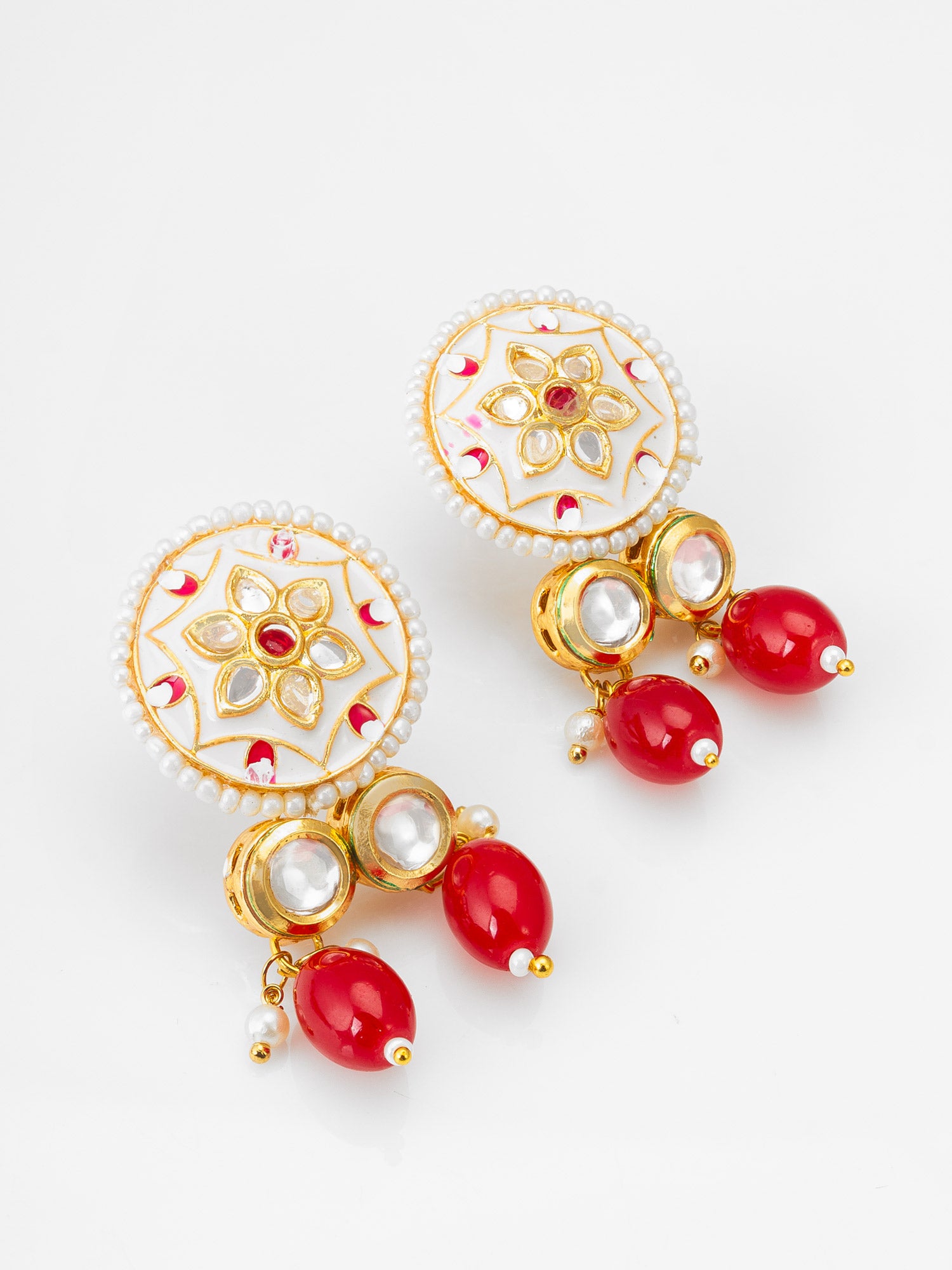 White Meenakari Kundan Pendant Necklace Set with Seed Beads and Red Stone Earrings – View 2 | Aadita Jewelry