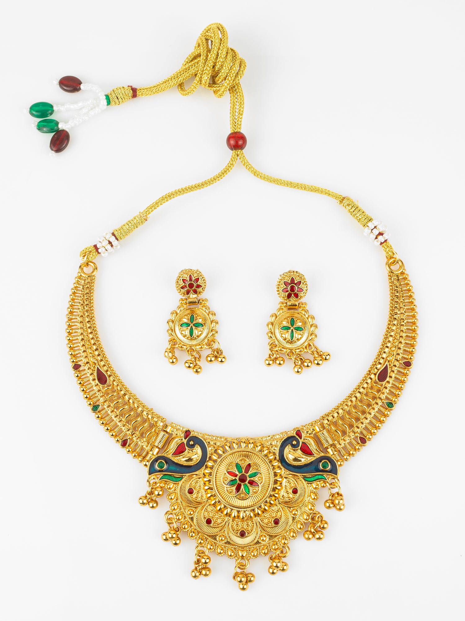 Gold-Plated Temple Peacock Necklace Set for Women | Traditional Bridal Jewellery with Earrings | Antique South Indian Design | Aadita Jewelry