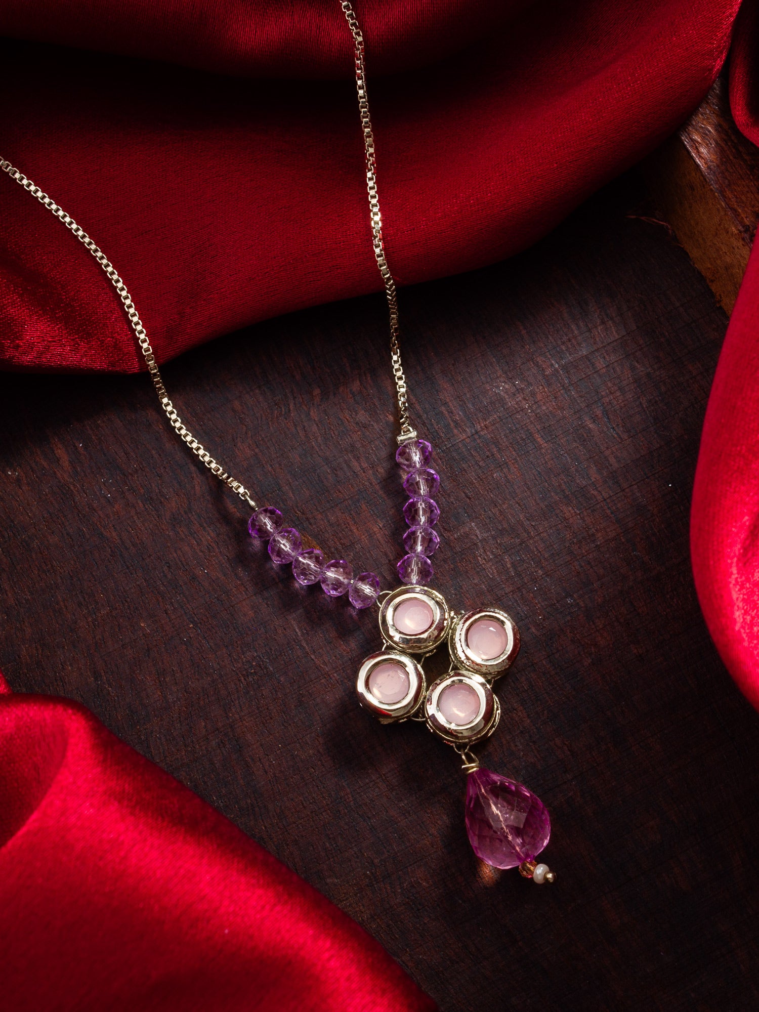 Silver-Tone Necklace with Pink Kundan and Crystal Beads for Women & Girls – View 4 | Aadita Jewelry