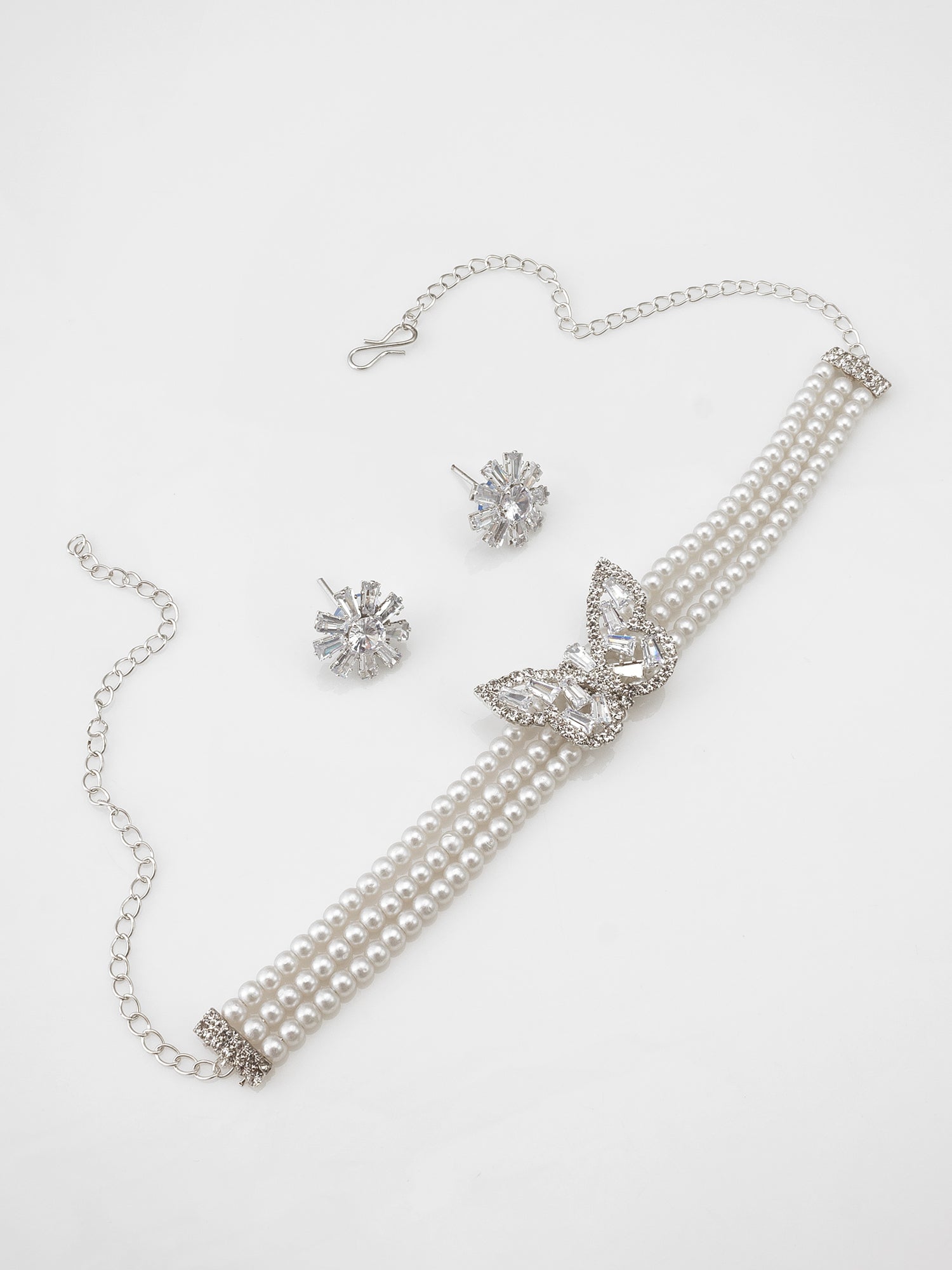 Pearl Choker Necklace Set with Crystal Butterfly Pendant and Starburst Stud Earrings | Aadita Jewelry