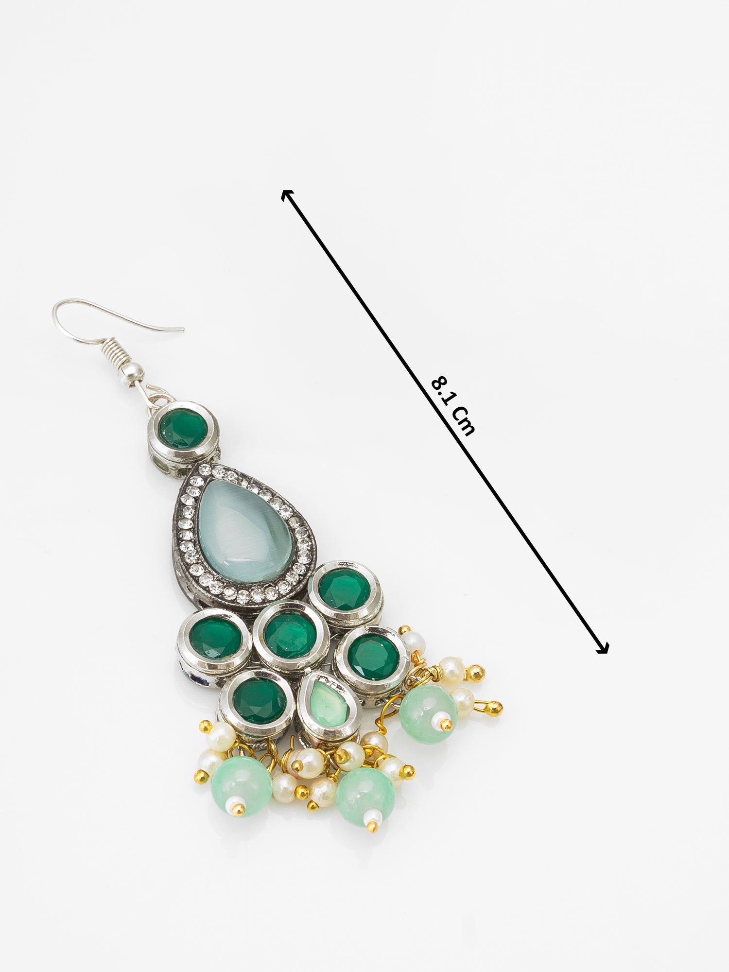 Green Stone Hook Earrings with Pearl and Mint Bead Tassel – View 3 | Aadita Jewelry
