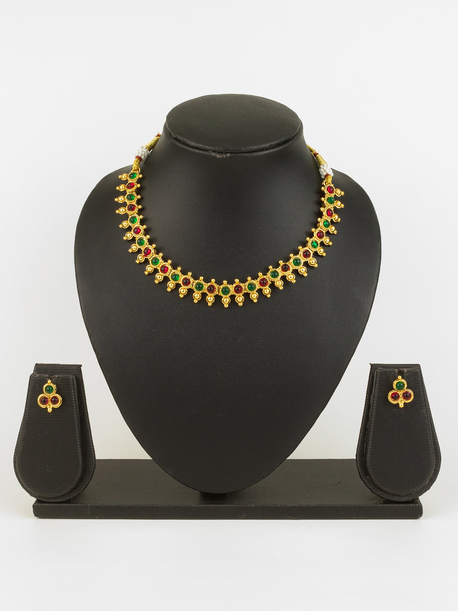 Gold Plated Green & Red Beaded Traditional Necklace Set for Women – View 5 | Aadita Jewelry