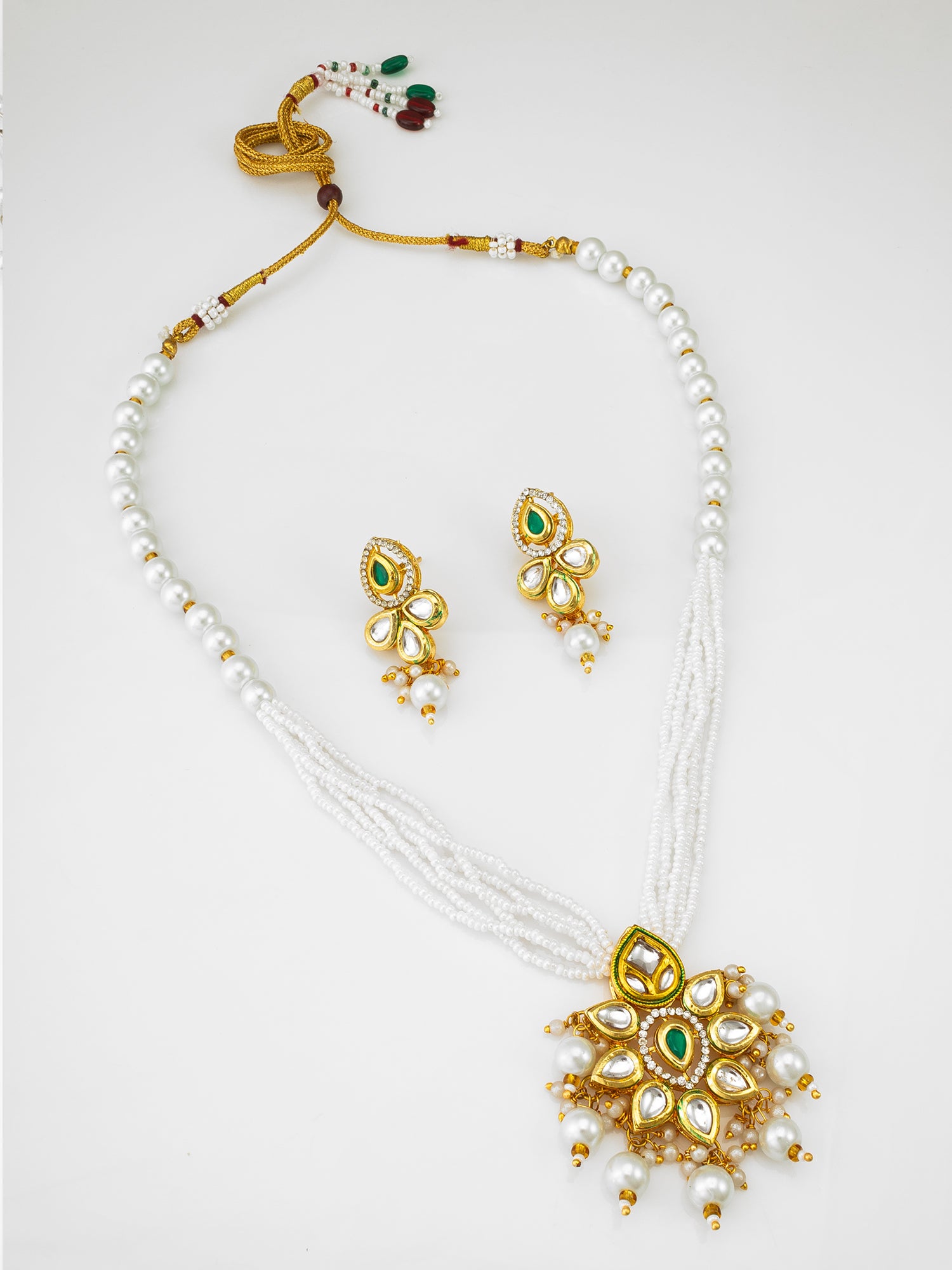 Kundan Floral Pendant Pearl Mala Necklace Set with Earrings | Aadita Jewelry