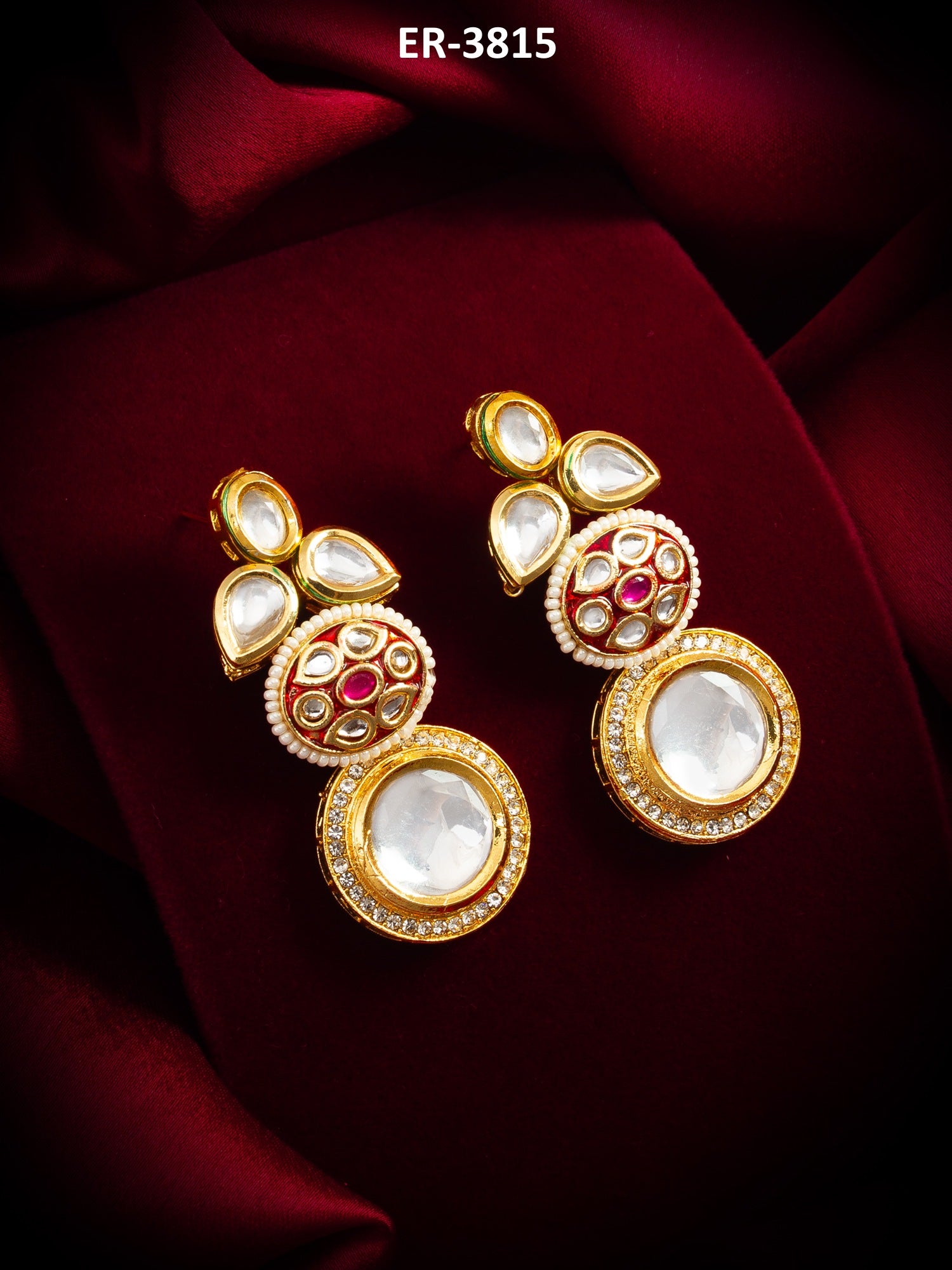 Gold-Plated Stone & Meenakari Circular Drop Earrings with Pearl – View 5 | Aadita Jewelry