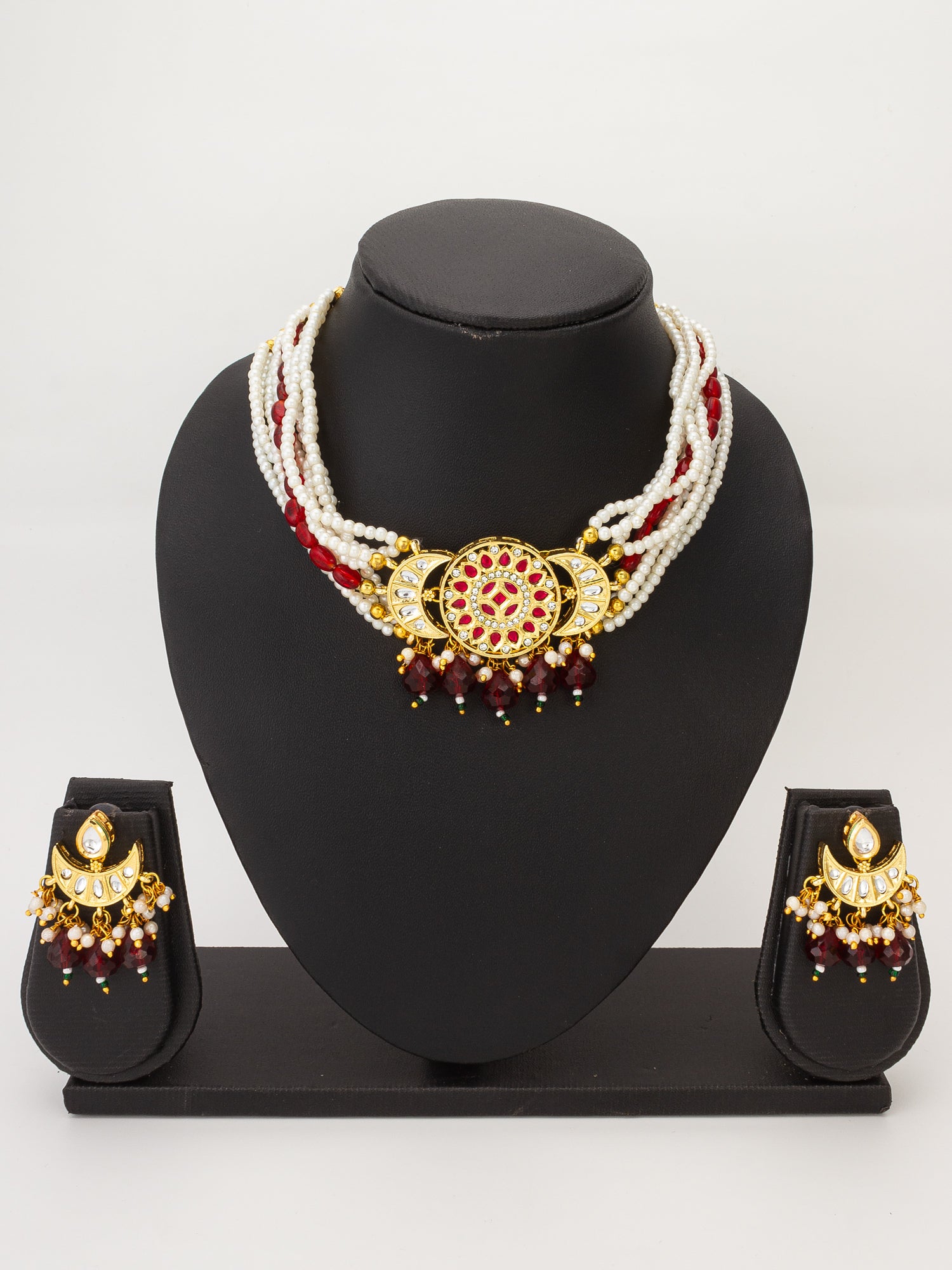 White Pearl Strand Choker Necklace Set with Moon Pendant and Chandbali Earrings – View 4 | Aadita Jewelry