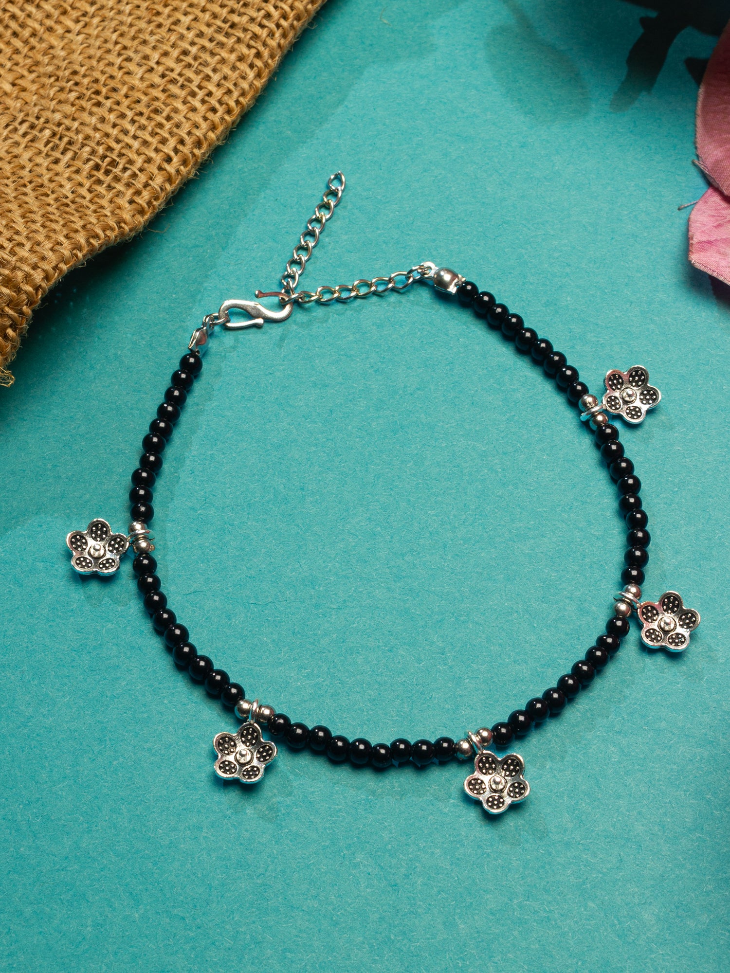 Black Beaded Oxidized Silver Floral Charm Anklet – View 4 | Aadita Jewelry