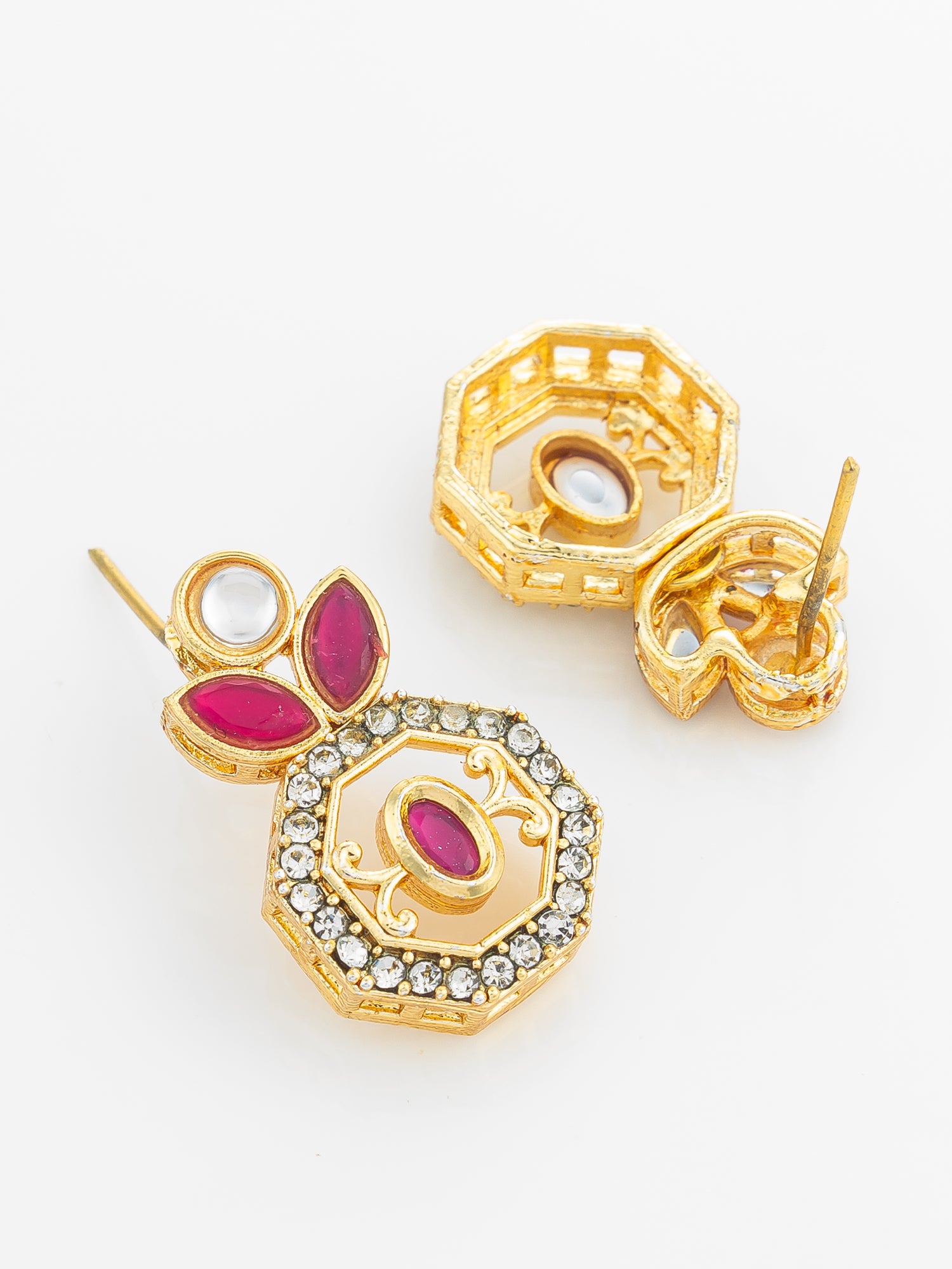 Gold Plated Geometric Octagon Red Stone Earrings – View 3 | Aadita Jewelry