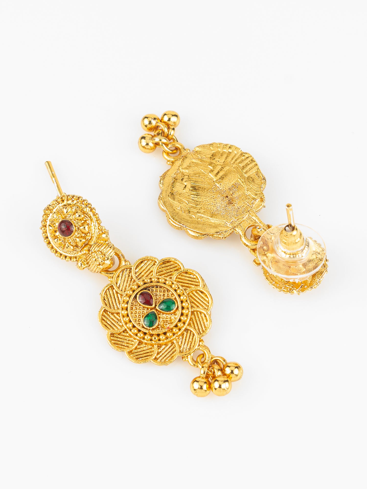 Gold Plated Traditional South Indian Long Necklace Set with Kemp Stones for Women – View 3 | Aadita Jewelry