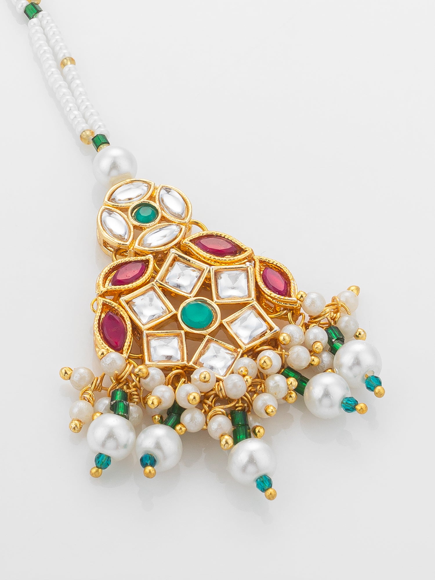 Aadita Gold Plated Multi-Stone Kundan Mangtika with White Seed Bead Chain and Pearl Fringe – View 3 | Aadita Jewelry