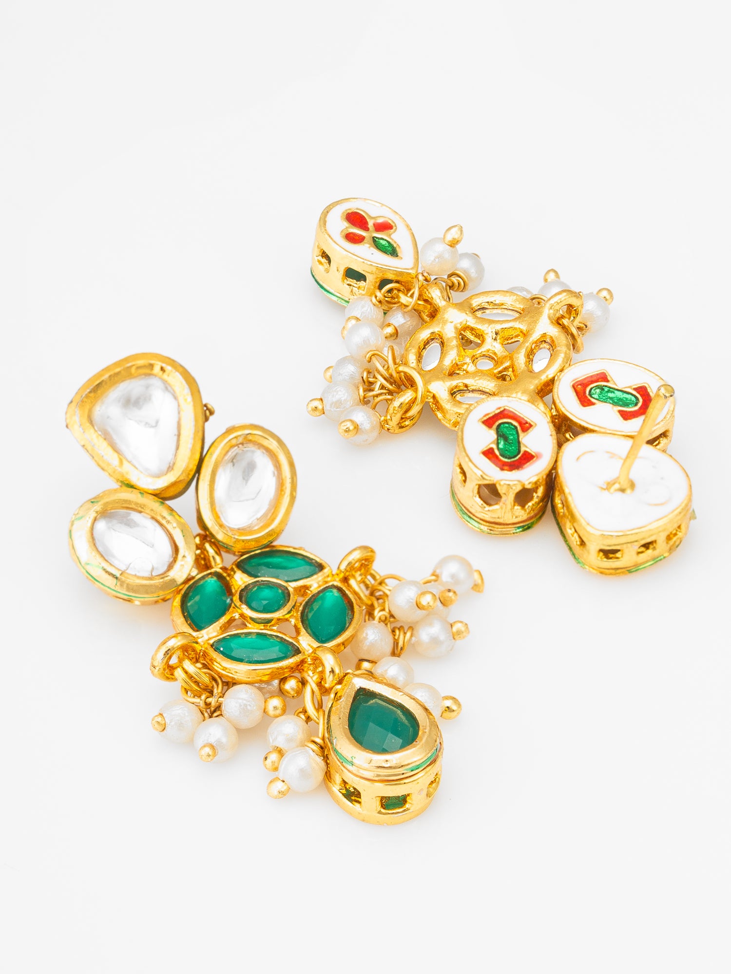 Emerald Green Kundan and Pearl Drop Earrings – View 2 | Aadita Jewelry