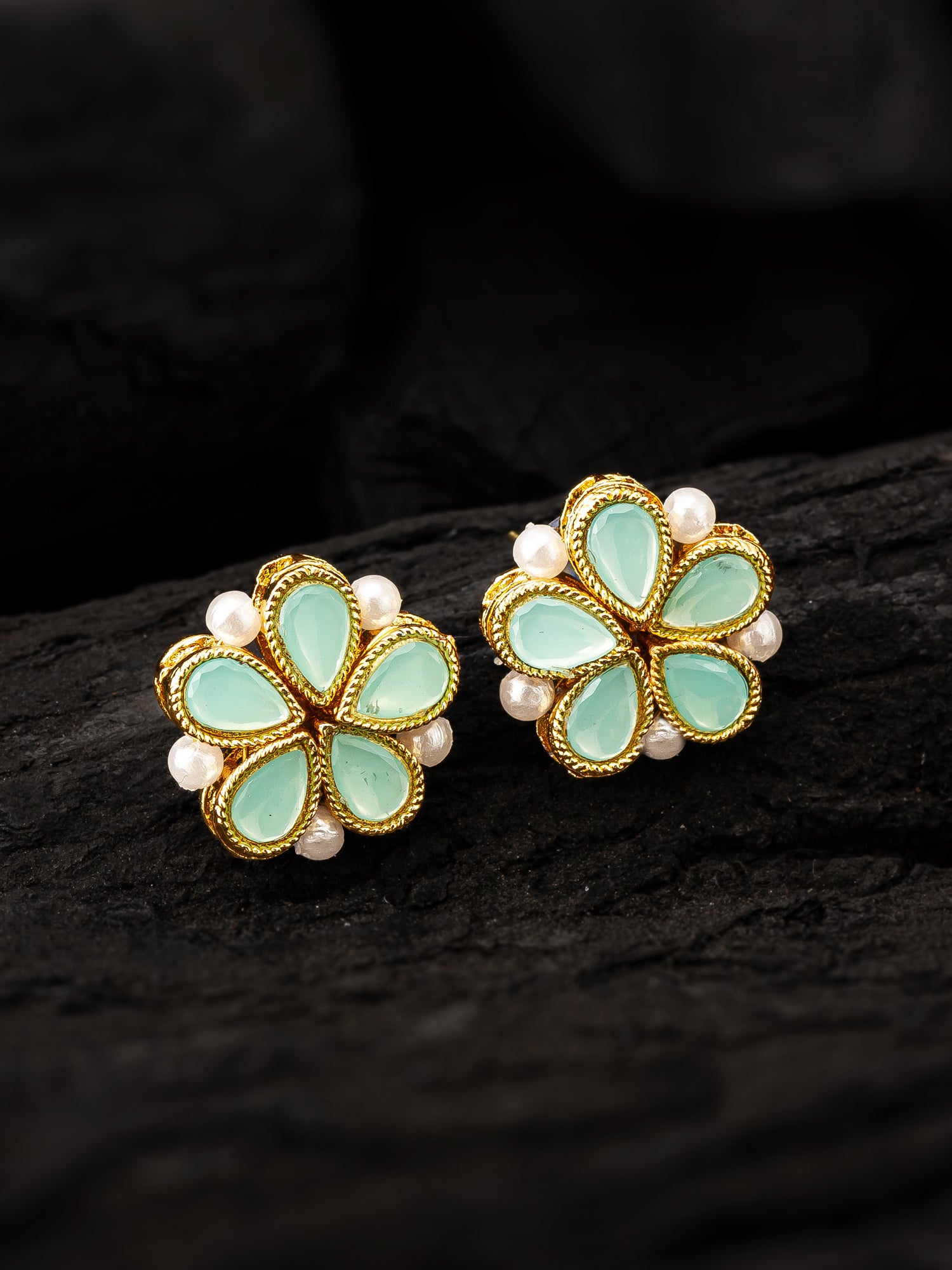 Gold Plated Mint Green Floral Stud Earrings with Pearls – View 5 | Aadita Jewelry