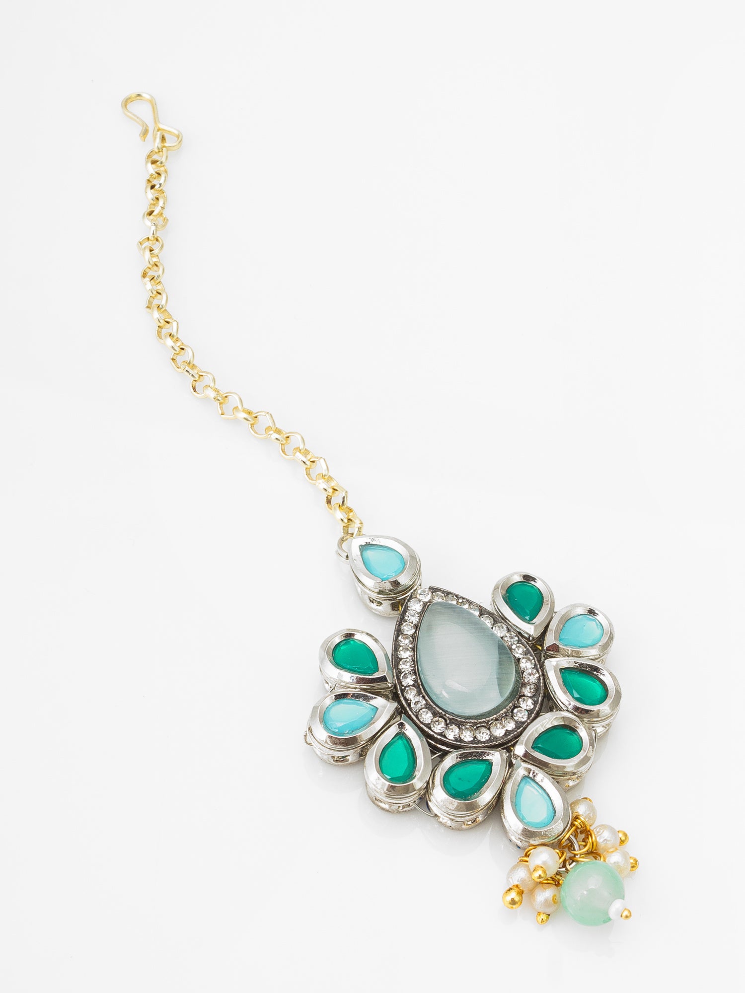 Silver-Toned Oxidized Maang Tikka with Teal and Emerald Stones and Pearl Drop | Aadita Jewelry