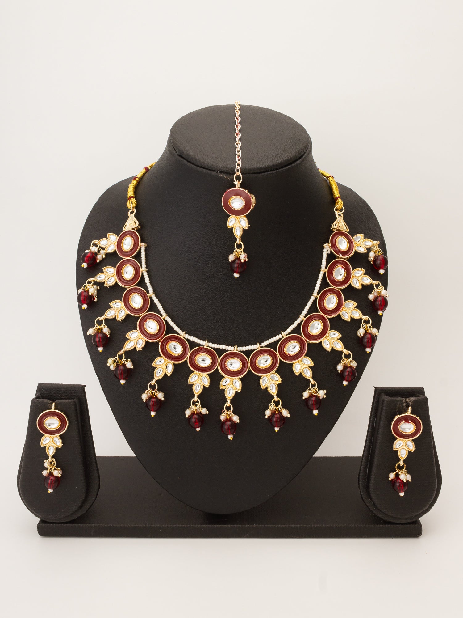 Red Beaded Kundan Choker Necklace Set with Earrings – View 4 | Aadita Jewelry