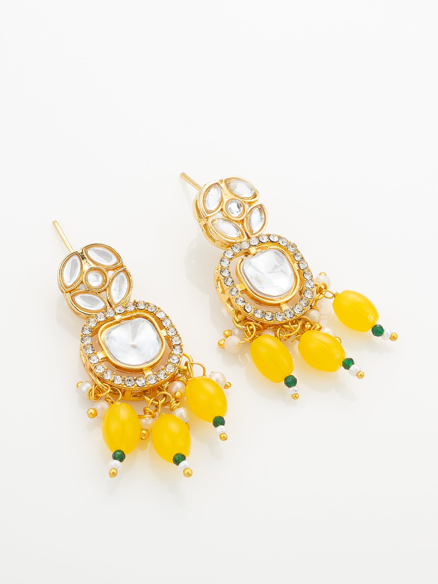 Aadita Yellow Beaded Kundan Long Necklace Set with Chandbali-Style Earrings – View 2 | Aadita Jewelry