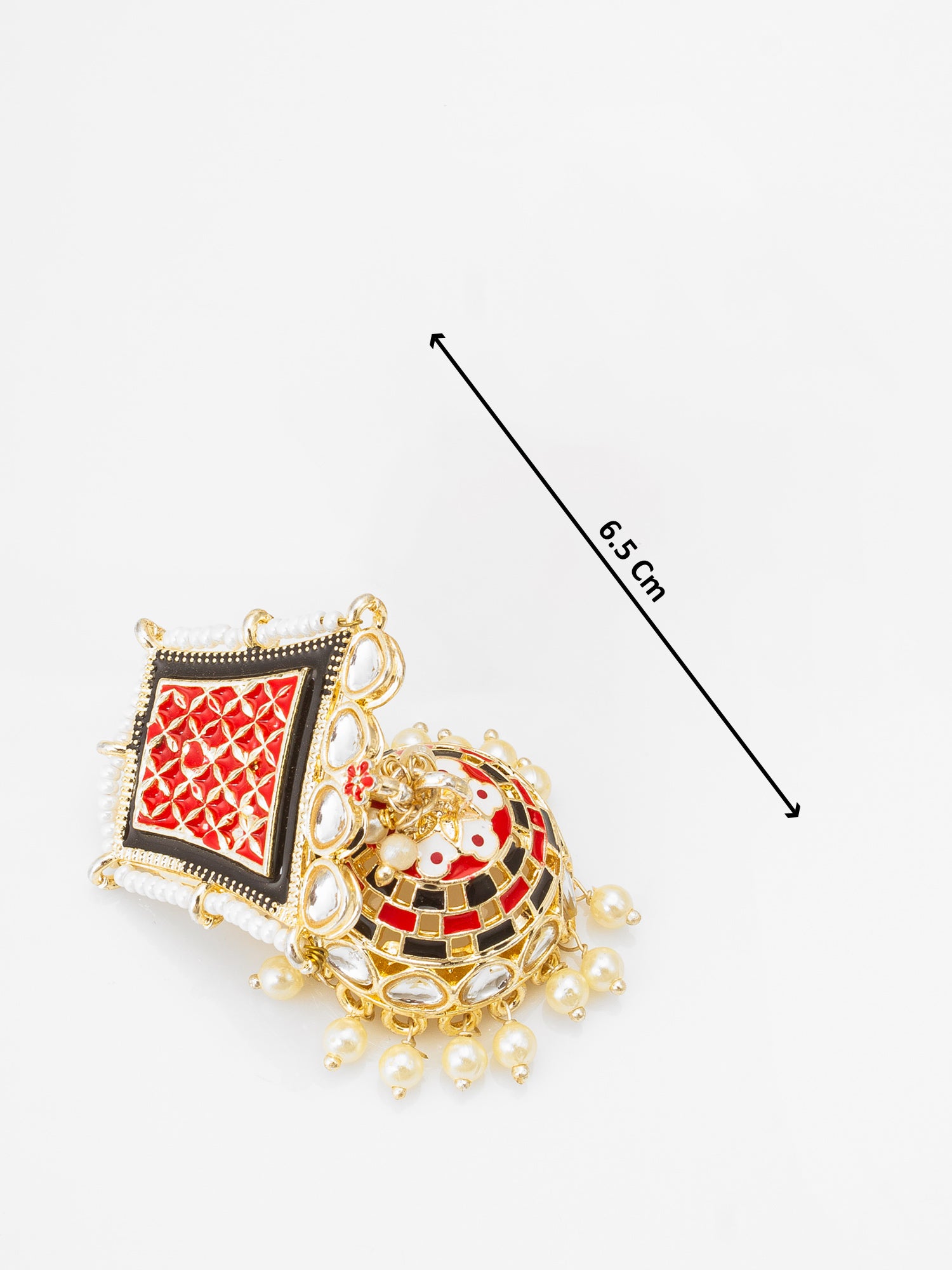 Red Enamel Kundan Pearl Jhumka Earrings – View 3 | Aadita Jewelry