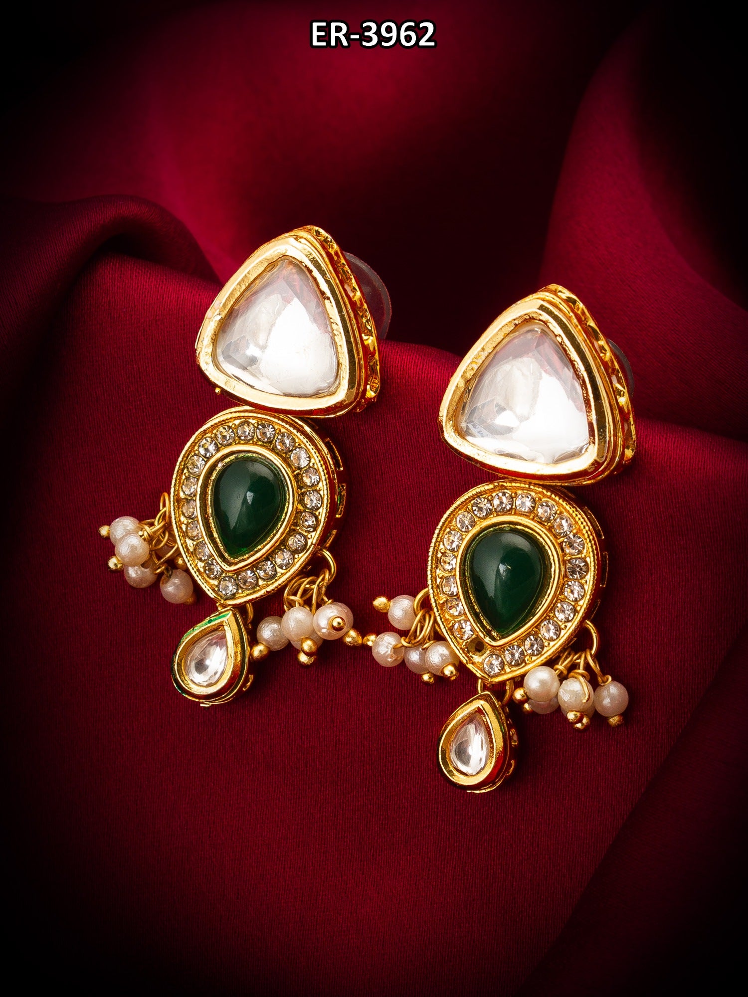 Gold-Plated Kundan and Green Stone Earrings with Pearl and Kundan Drops – View 5 | Aadita Jewelry