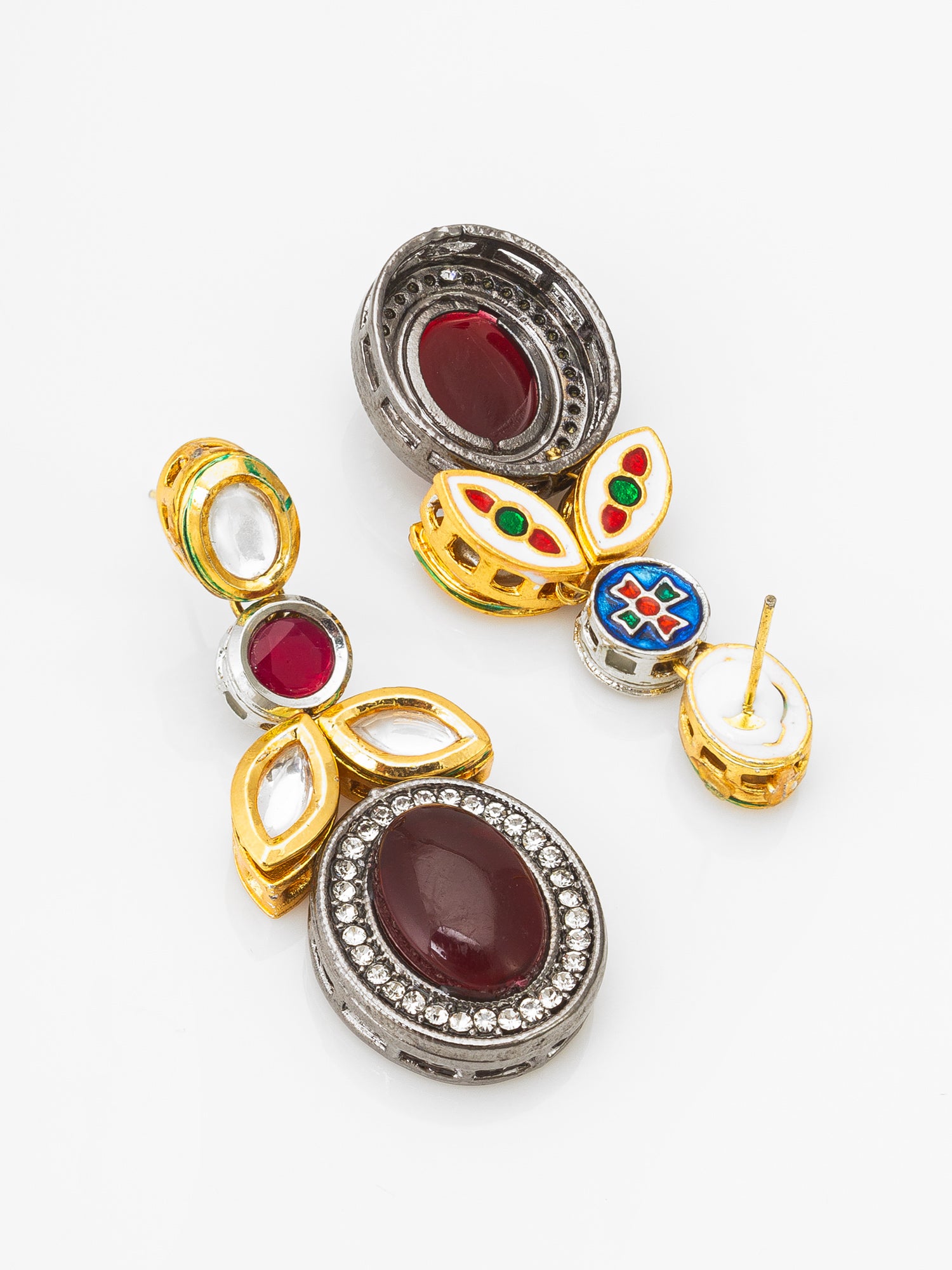 Dual-Tone Cabochon Drop Earrings with Oxidized Silver Finish – View 2 | Aadita Jewelry