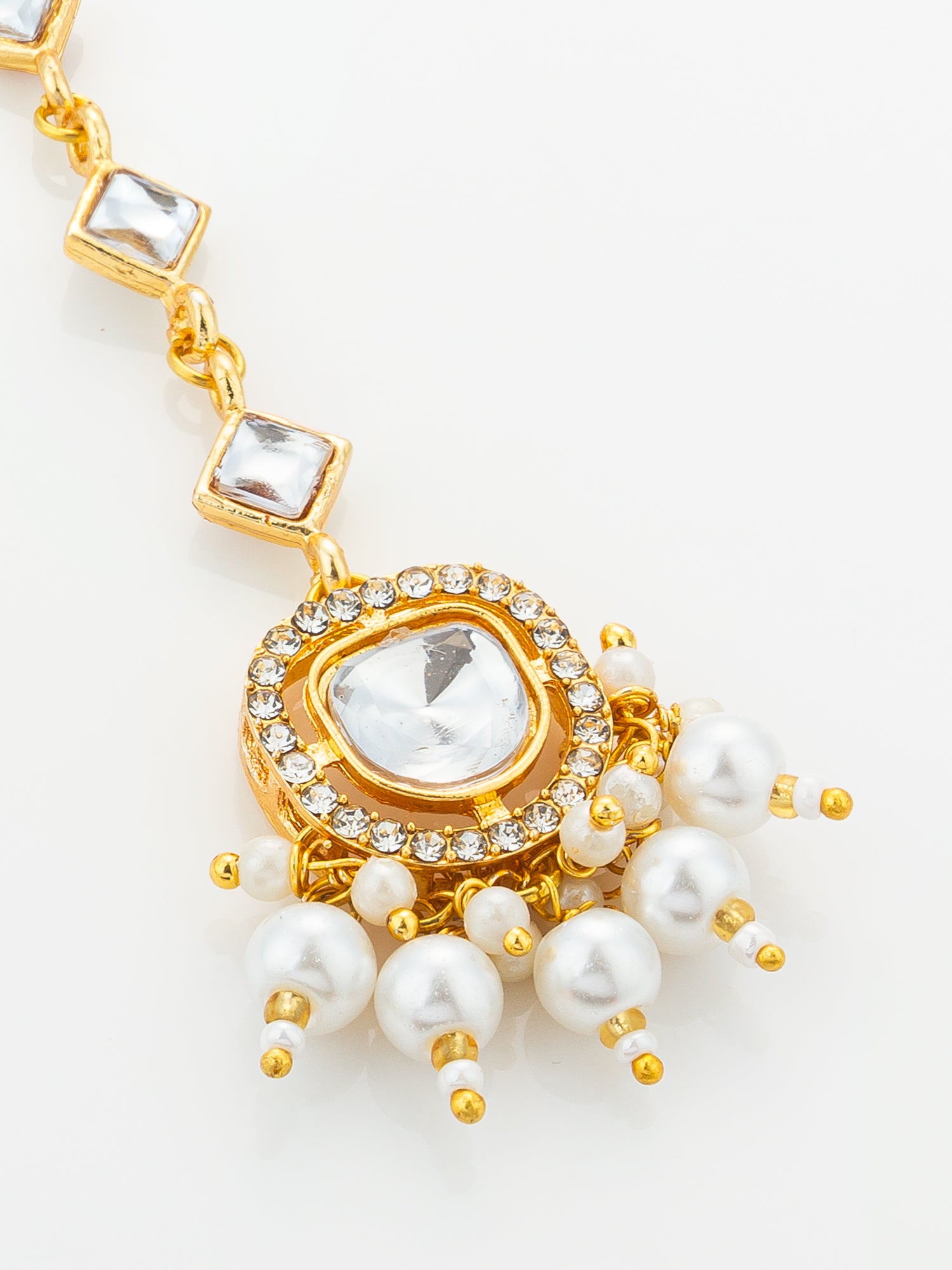 Aadita Gold Plated Square Kundan Chain Mangtika with Round Pendant and White Pearl Cluster Fringe – View 3 | Aadita Jewelry