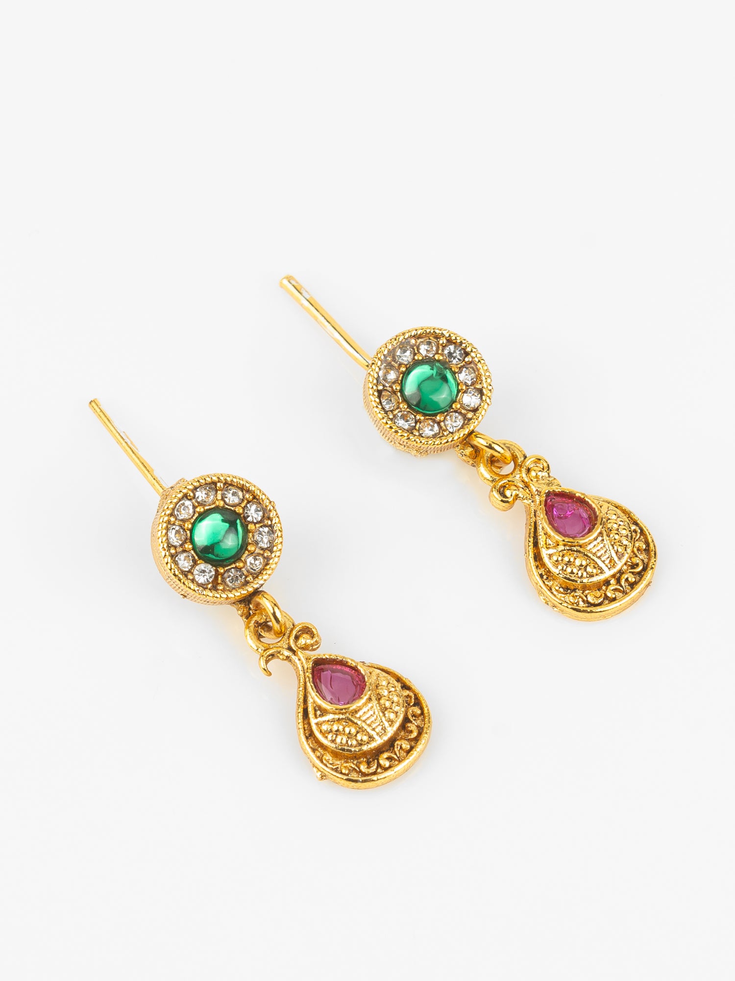 Gold-Plated Traditional Necklace Set for Women | Pink Teardrop & Green Stone Pendant | Bridal & Ethnic Festival Jewellery – View 2 | Aadita Jewelry