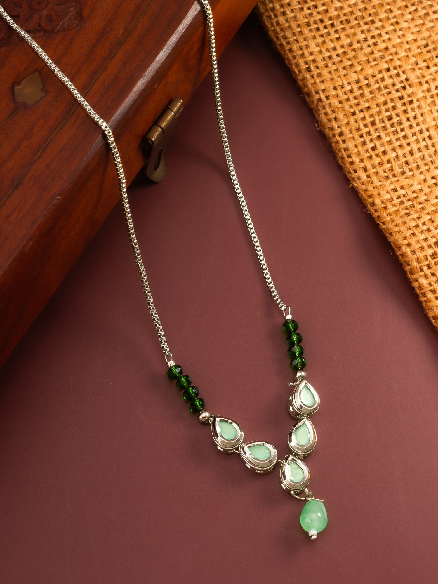 Silver Plated Contemporary Green Kundan Sleek Necklace – View 5 | Aadita Jewelry