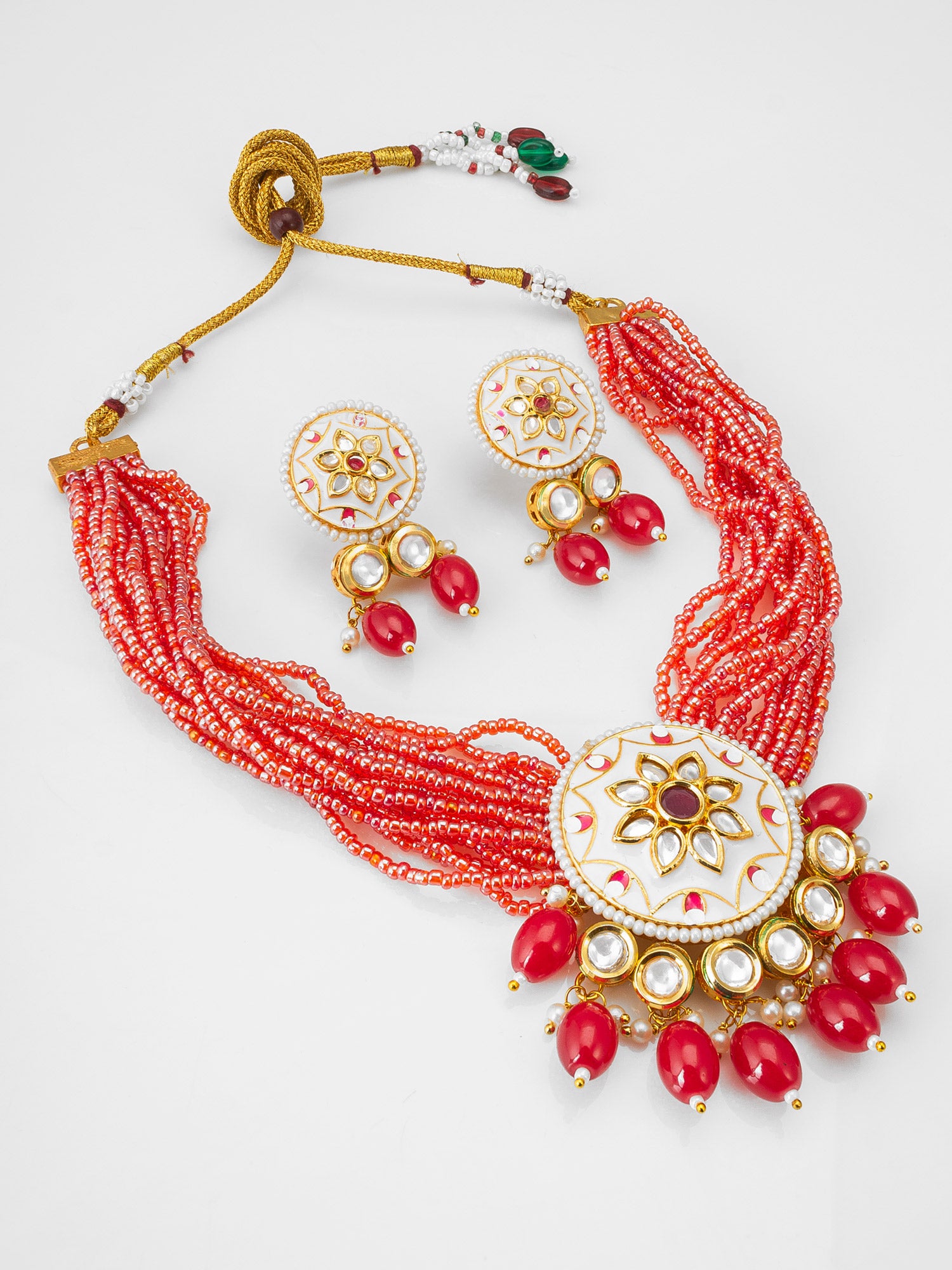 White Meenakari Kundan Pendant Necklace Set with Seed Beads and Red Stone Earrings | Aadita Jewelry